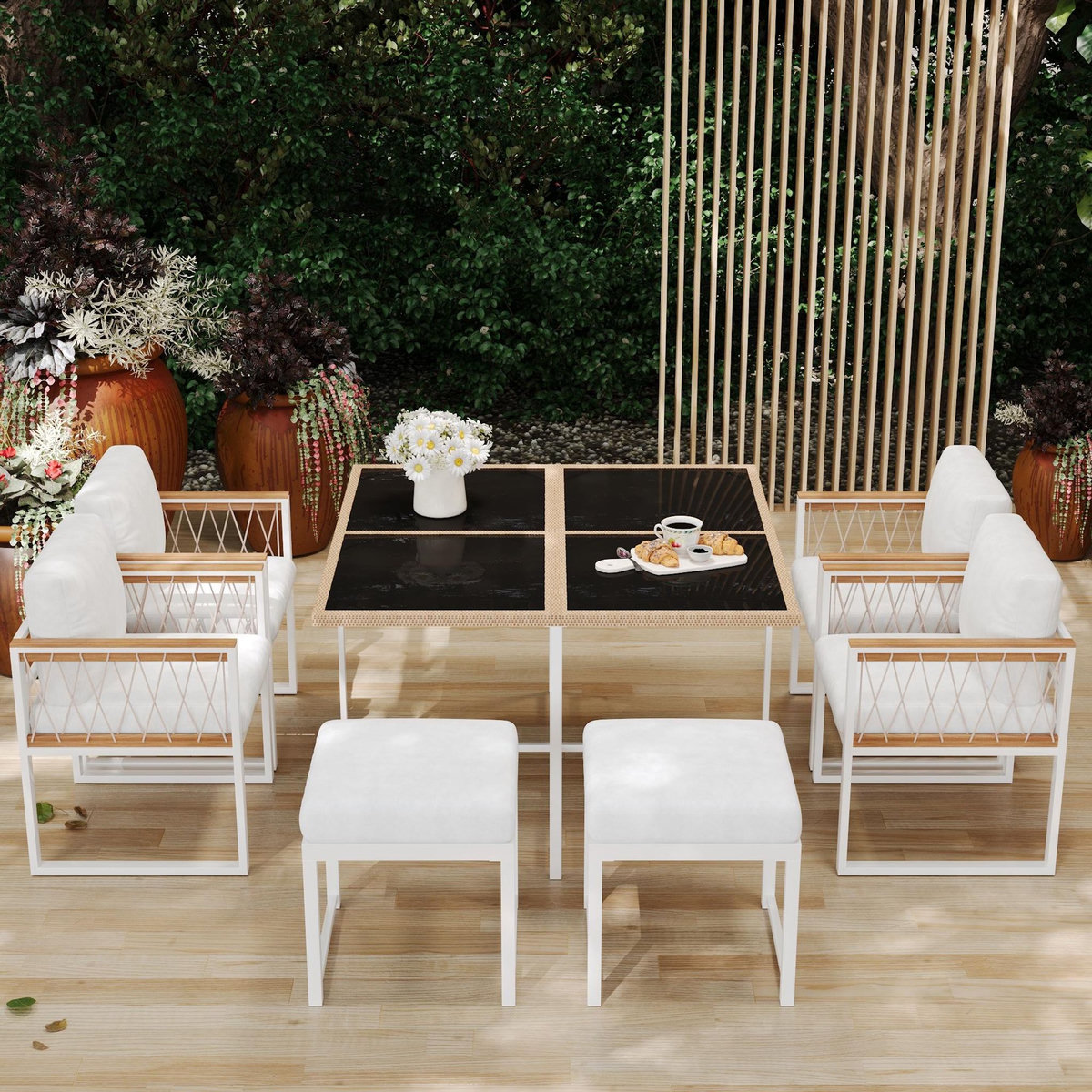 MERAX Salon de jardin 6 places avec table carrée, 4 fauteuils et 2 poufs