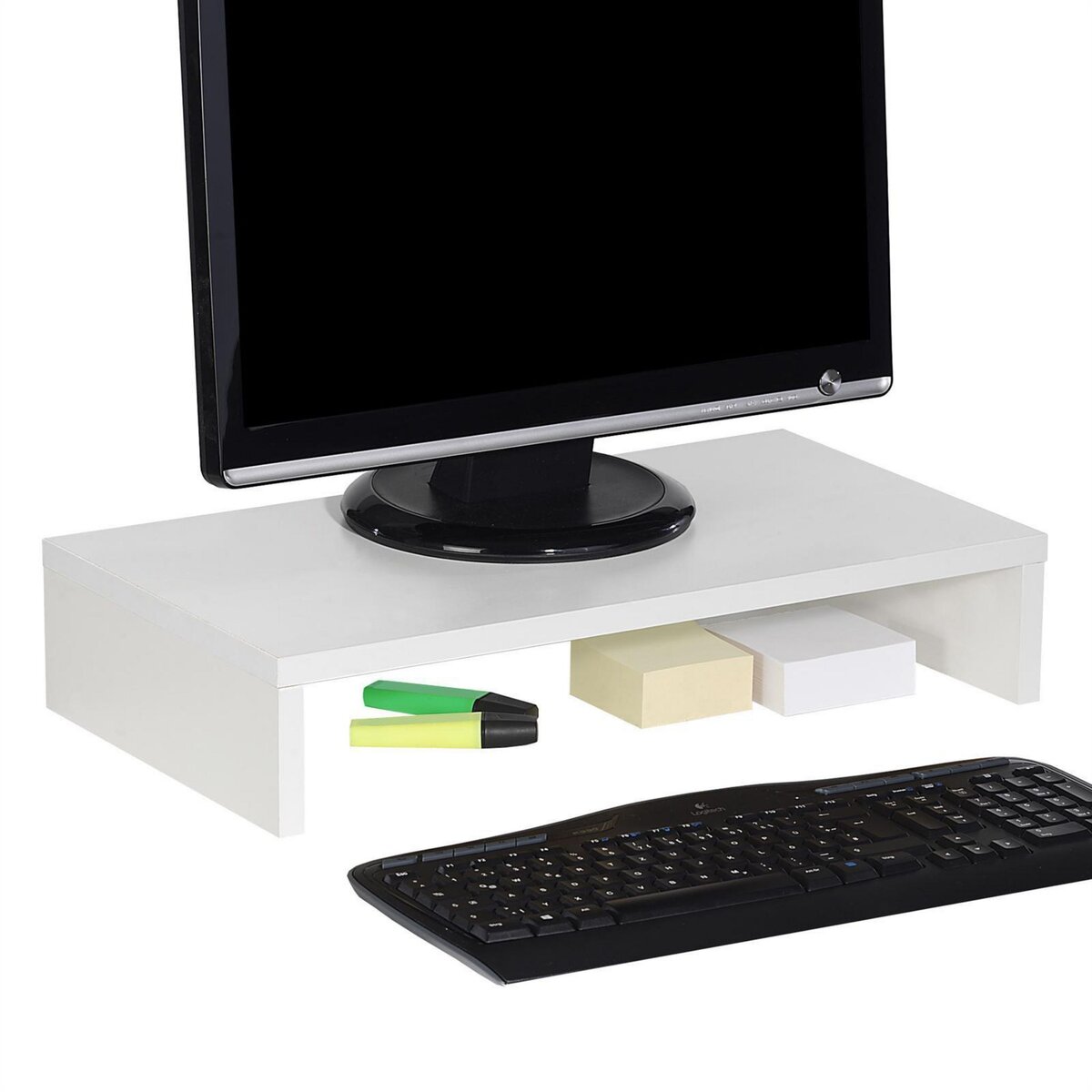 IDIMEX Support d'écran d'ordinateur MONITOR, réhausseur pour moniteur avec  tablette de séparation, longueur 50 cm, en mélaminé noir mat pas cher 