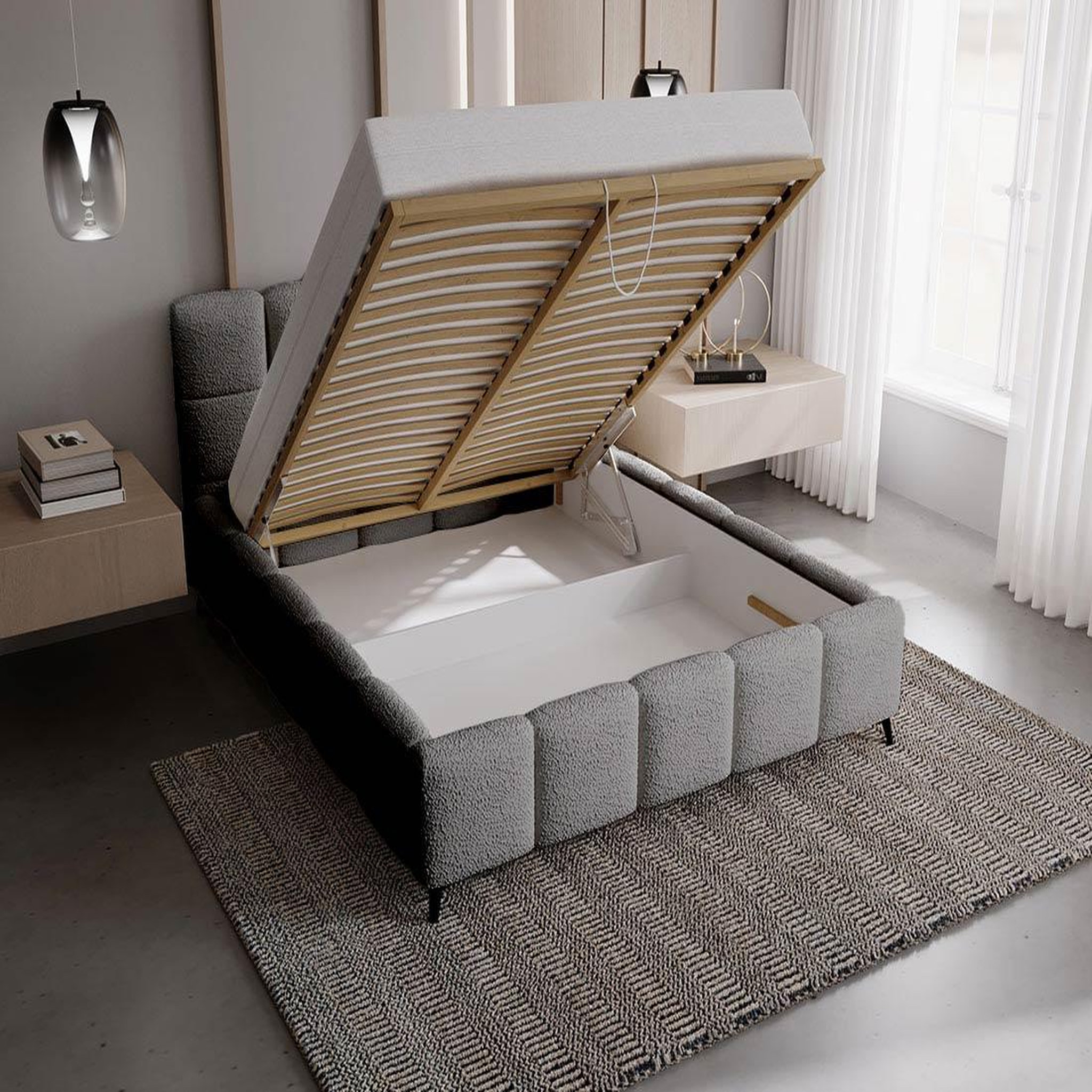 Voir la diapositive 2 : BEST MOBILIER Paulito - lit coffre queen size - 160x200 cm - sommier inclus - en tissu bouclette