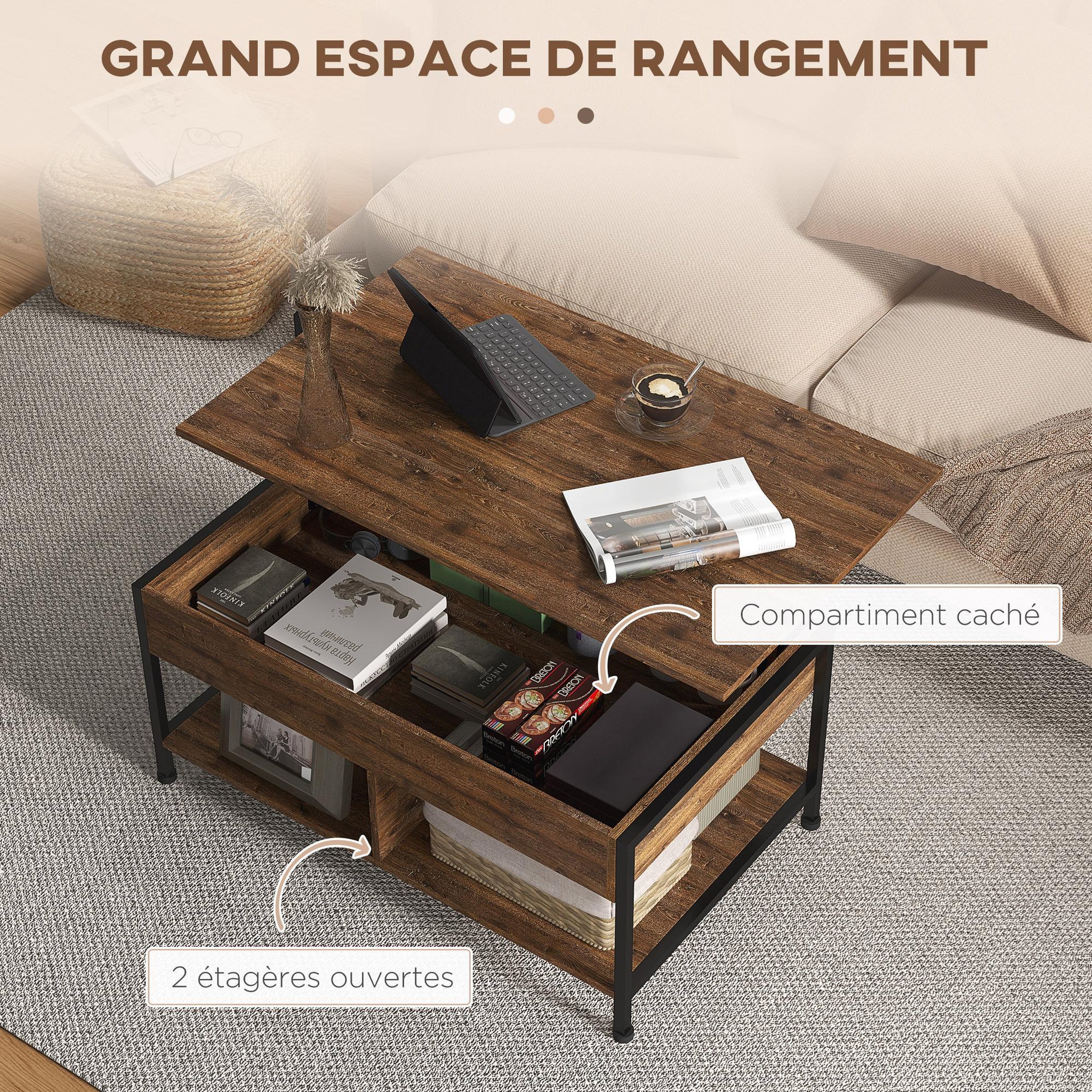 Voir la diapositive 4 : HOMCOM Table basse relevable - étagère inférieure, coffre de rangement - dim. 100L x 80l x 60H cm - aspect bois rustique noir