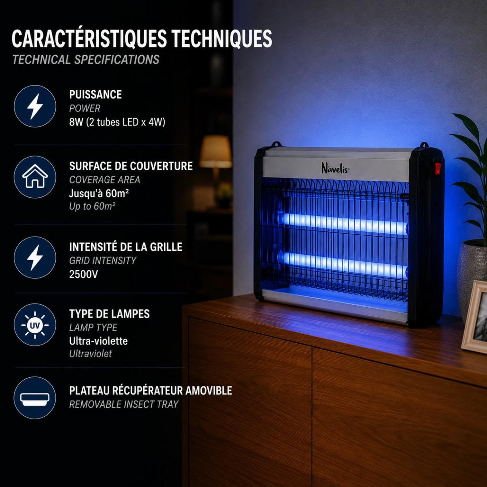 Voir la diapositive 2 : INTEC Lampe anti moustique intérieur extérieur 2500v technologie led 8w surface 60m2 elimine mouches moucherons & insectes volants