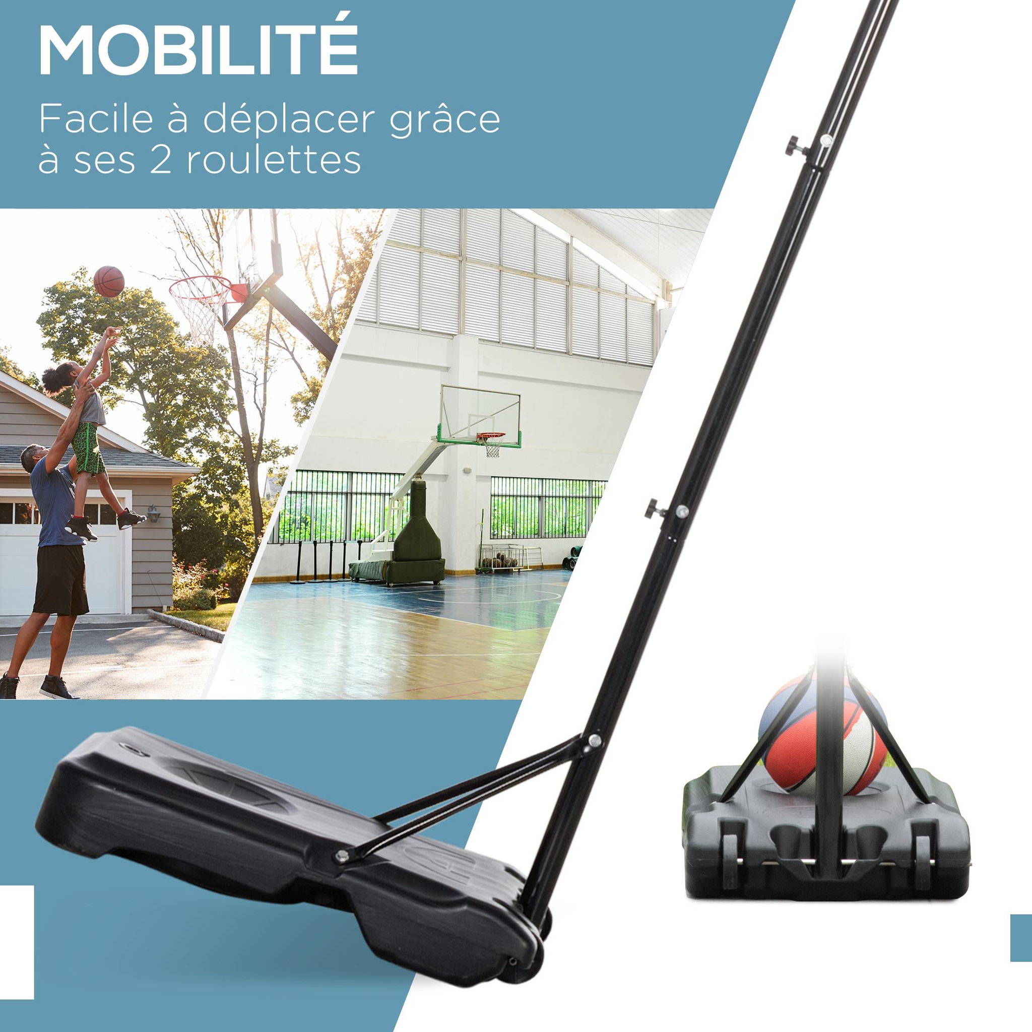Voir la diapositive 6 : HOMCOM Panier de Basket-Ball sur pied avec poteau panneau - base de lestage sur roulettes - hauteur réglable 5 niveaux 2,45-2,95 m - acier HDPE noir rouge