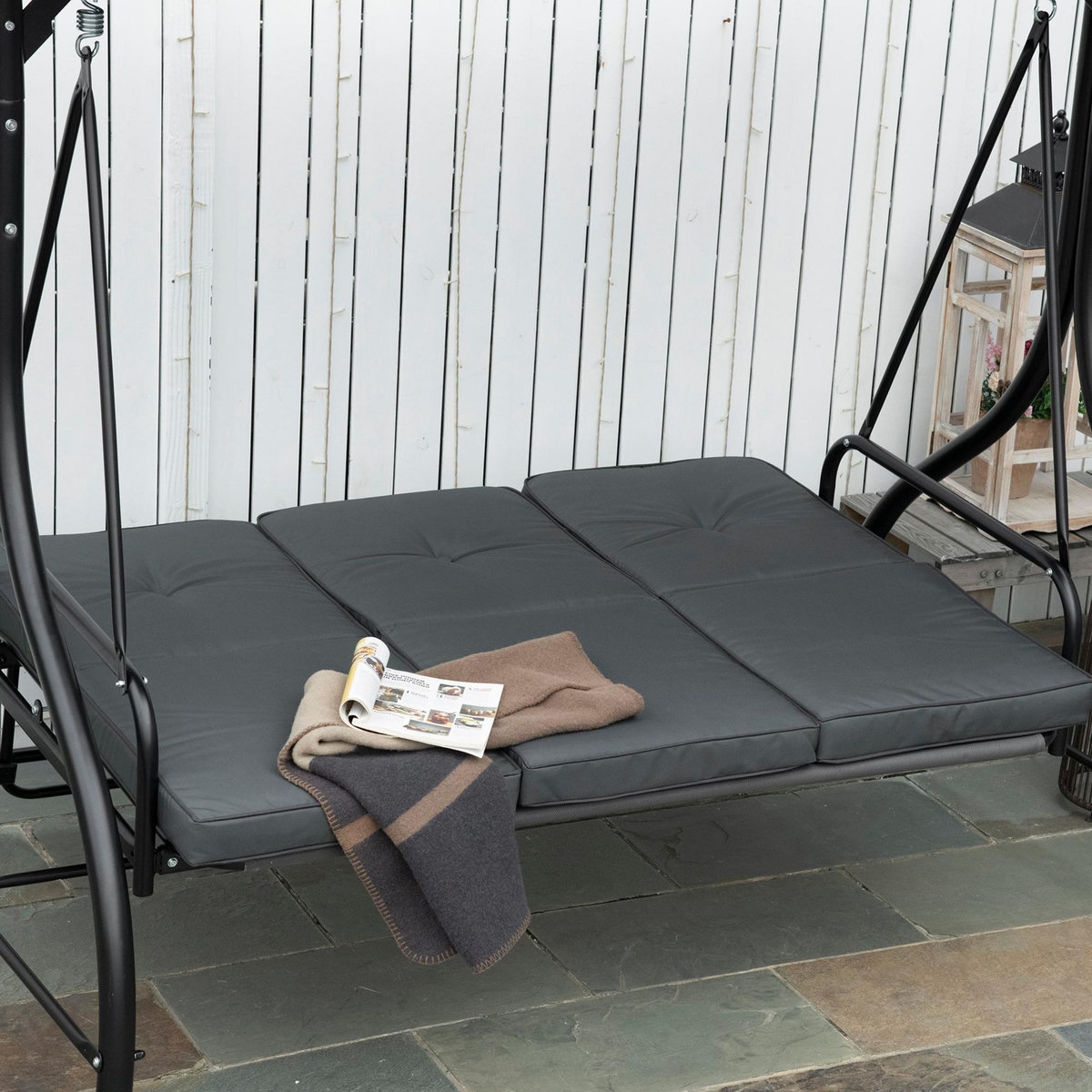 OUTSUNNY Balancelle de jardin 3 places convertible matelas fourni gris métal noir