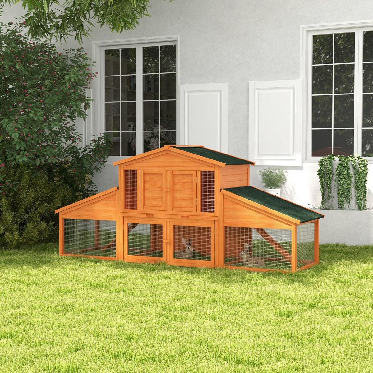 PAWHUT Clapier cage à lapins rongeurs XXL 2 étages 2 enclos tiroir déjection bois sapin pré-huilé