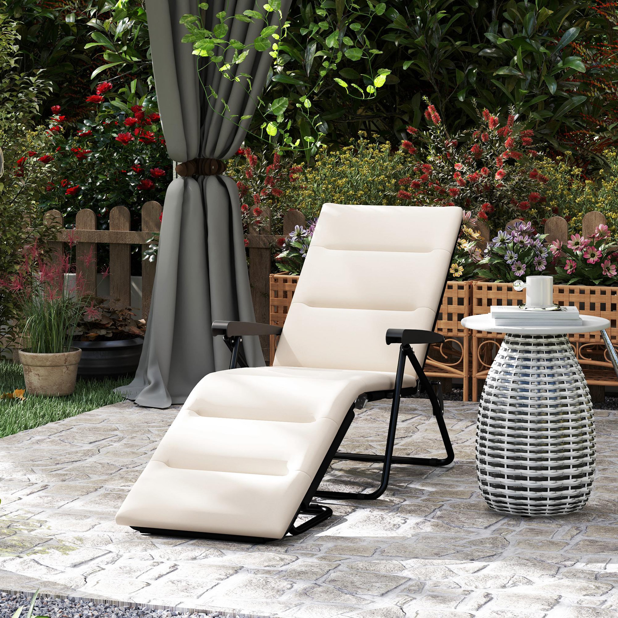 Voir la diapositive 2 : OUTSUNNY Bain de soleil pliable transat inclinable 6 positions grand confort avec matelas + accoudoirs acier polyester beige