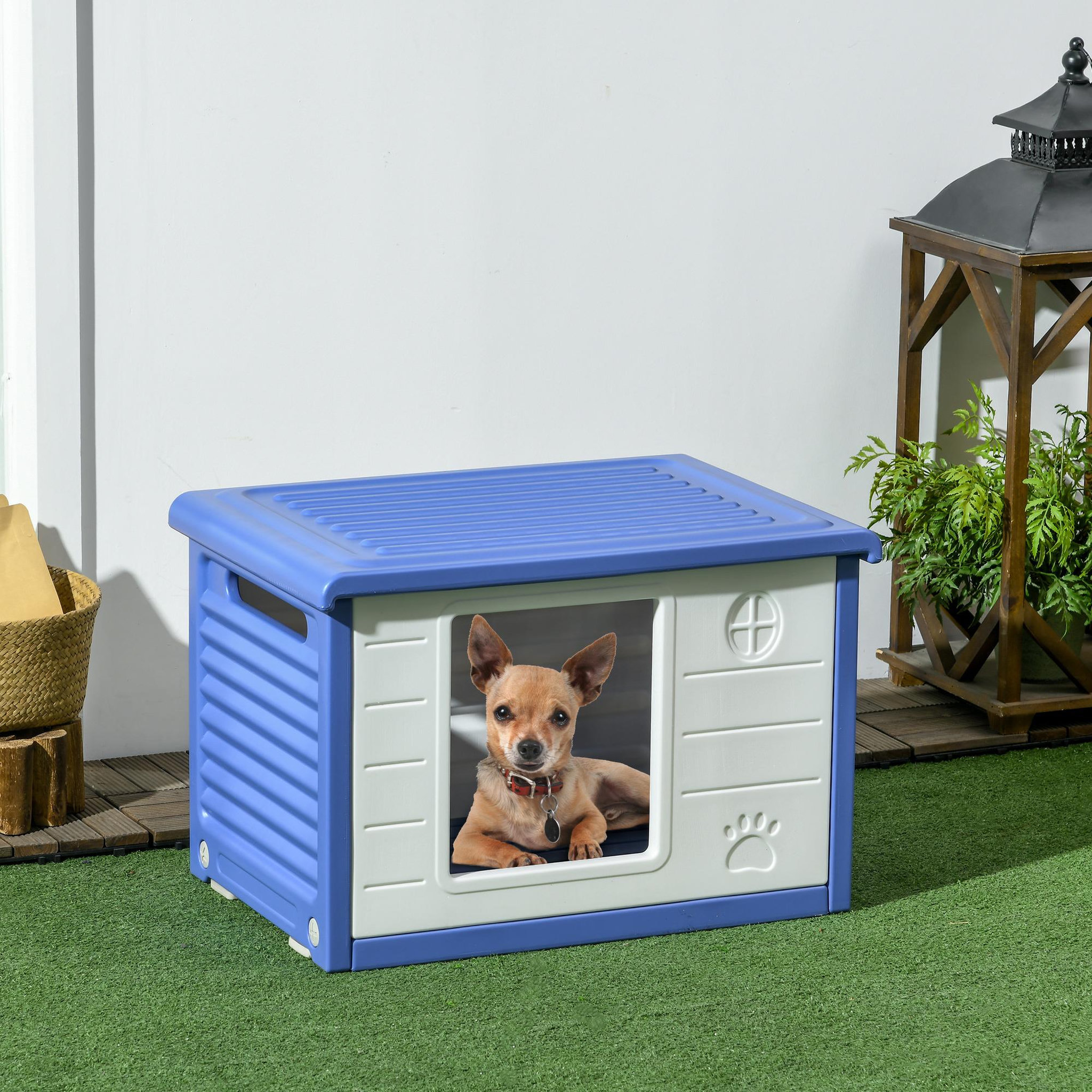 Voir la diapositive 2 : PAWHUT Niche pour chien design - dim. 60L x 42l x 40Hcm - PE bleu blanc