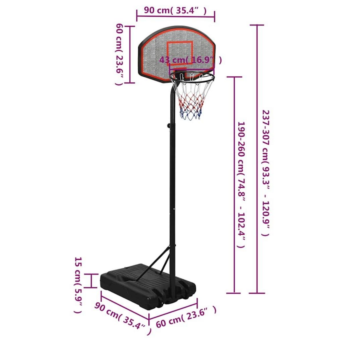 VIDAXL Support de basket-ball Noir 237-307 cm Polyethylene