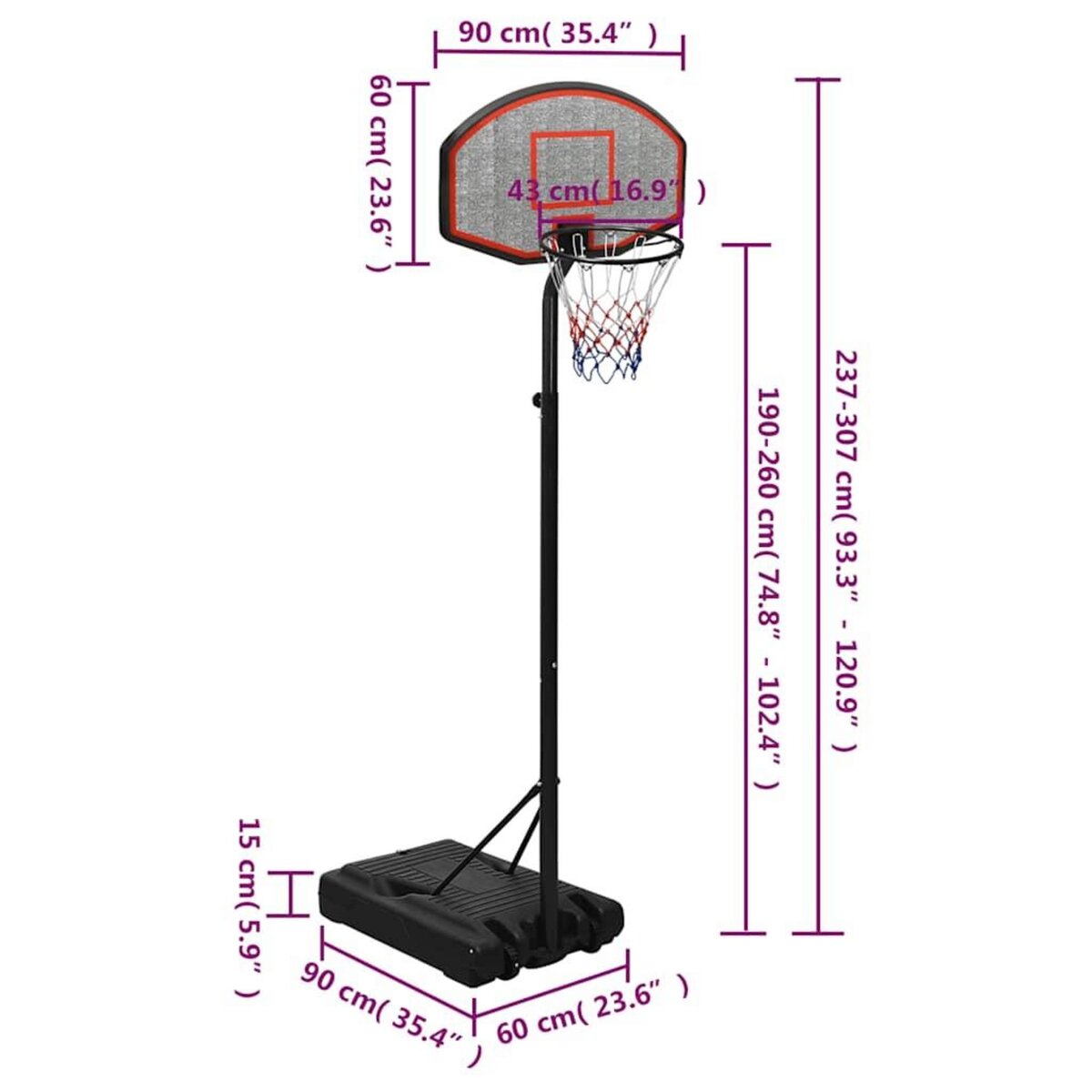 VIDAXL Support de basket-ball Noir 237-307 cm Polyethylene