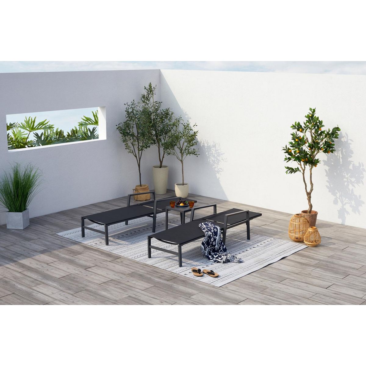 CONCEPT USINE Lot de 2 transats et une table d'appoint noir BARI