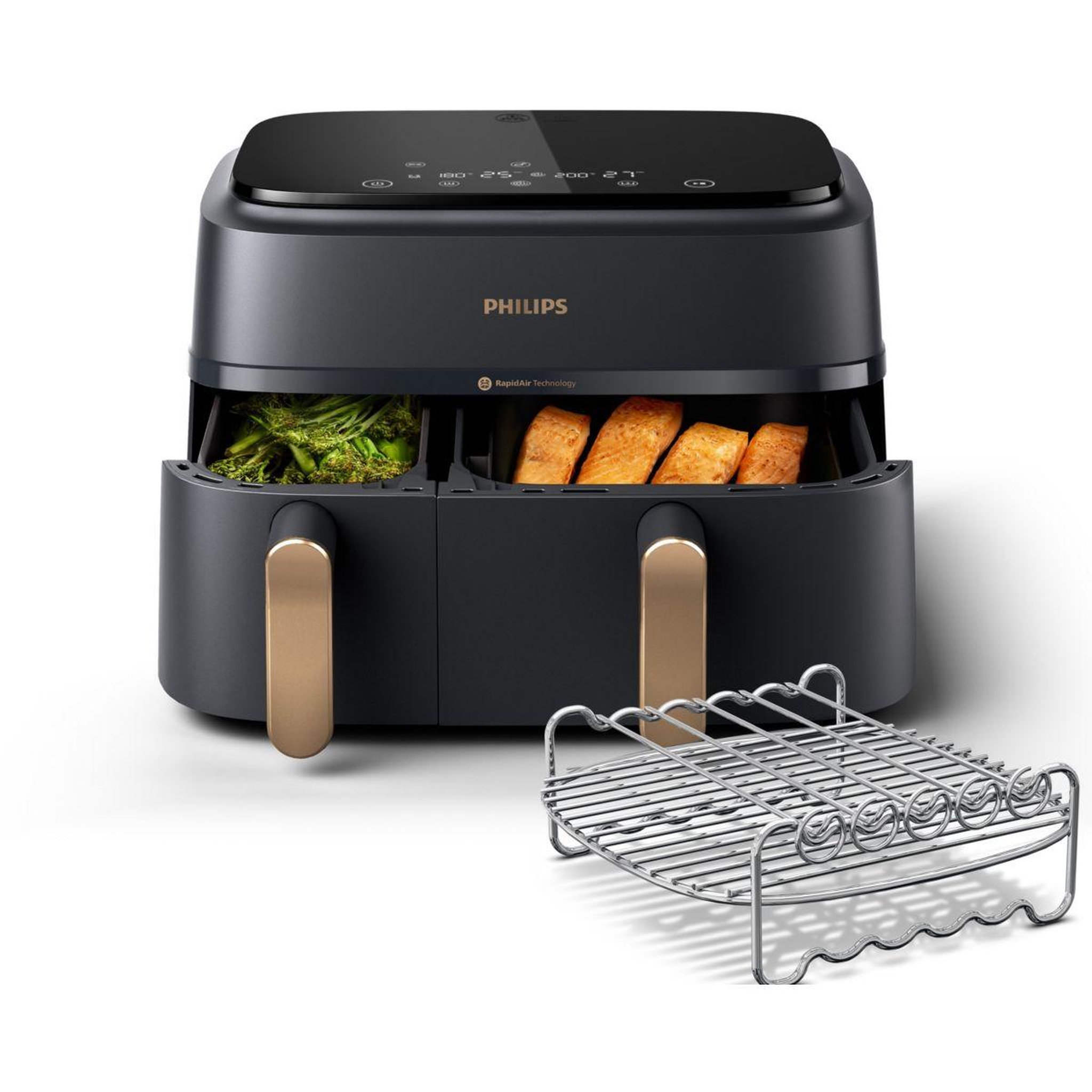 Philips Friteuse sans huile NA352/04 Friteuse sans huile double panier Noir/Doré, Série 3000 9L (3+6L) avec accessoire