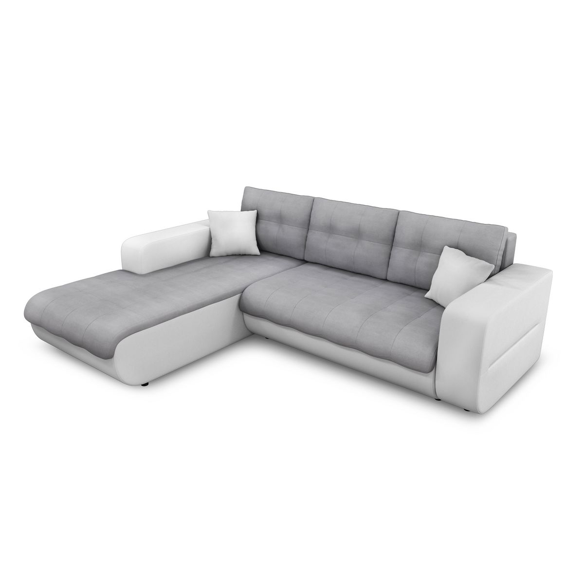 Canapé d'angle gauche convertible CLELIA, 4 places, tissu microfibre gris PU blanc ou noir