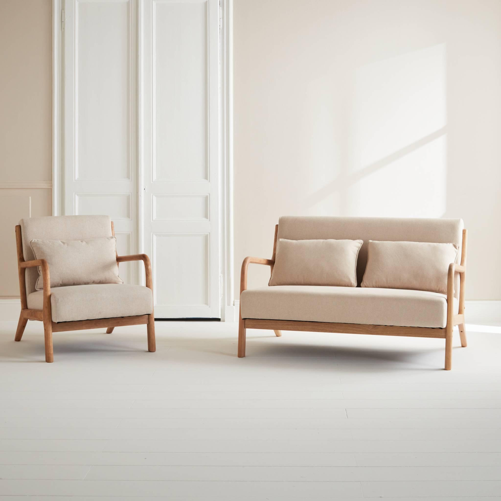 Voir la diapositive 2 : SWEEEK Banquette 2 places + Fauteuil en bois et tissu beige