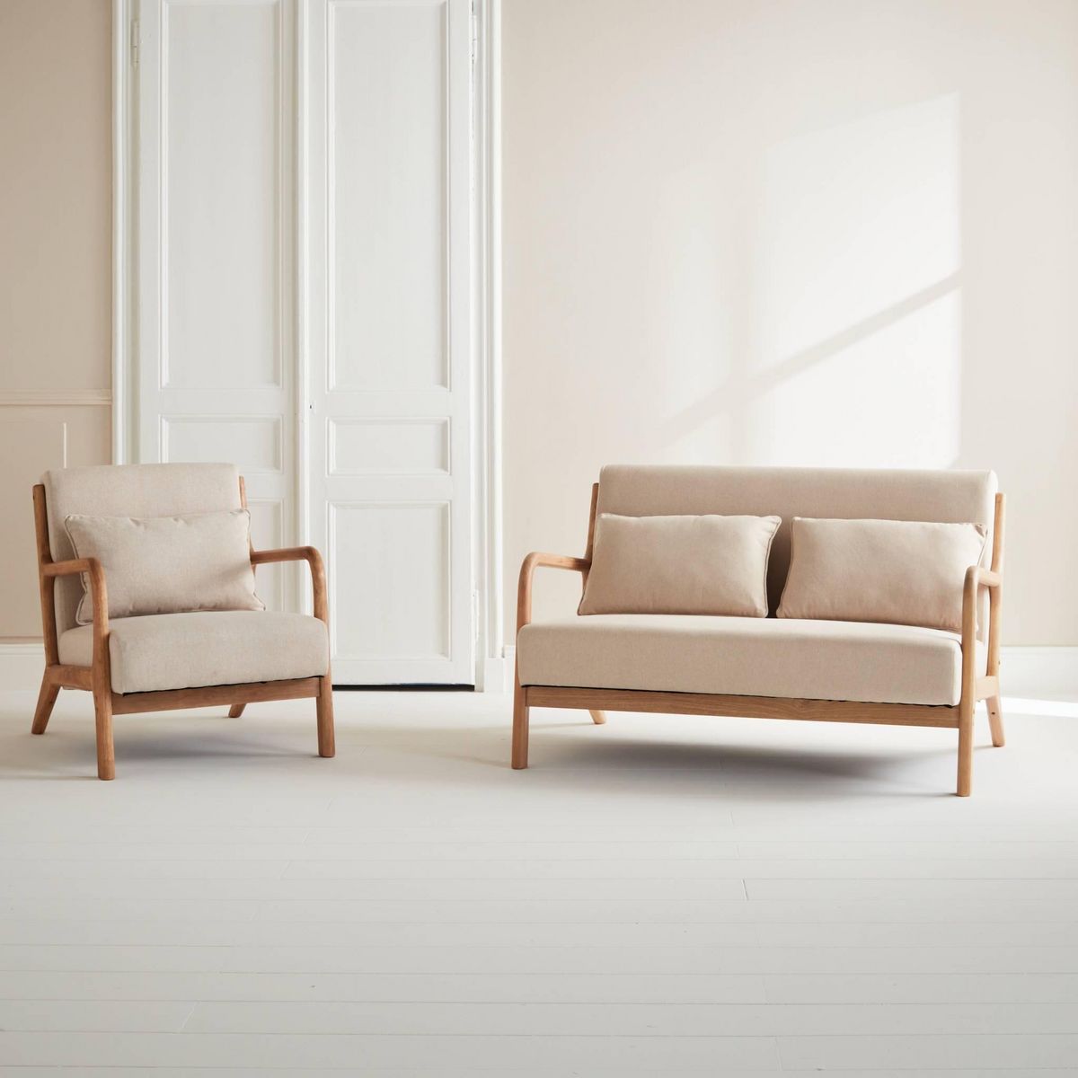 SWEEEK Banquette 2 places + Fauteuil en bois et tissu beige