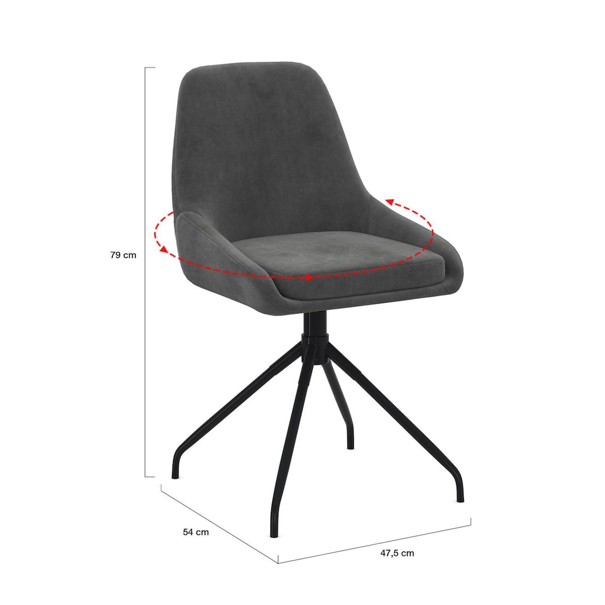 ID MARKET Lot de 4 chaises pivotantes THALYA en velours gris foncé avec accoudoirs