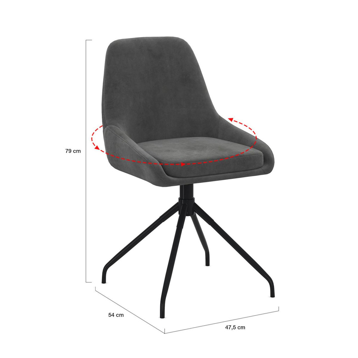 ID MARKET Lot de 4 chaises pivotantes THALYA en velours gris foncé avec accoudoirs