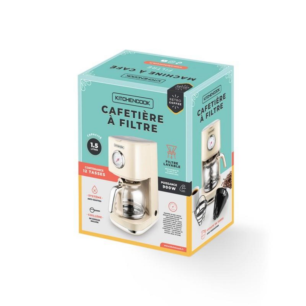 KITCHENCOOK Cafetière Style Rétro Avec Filtre Nylon Réutilisable Retro Coffee Crème Kitchencook
