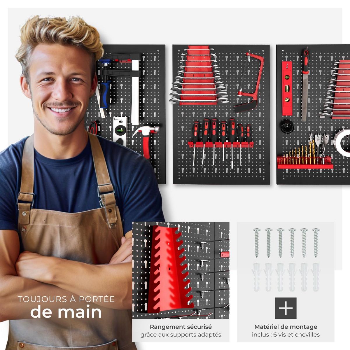 tectake Panneau perforé Structure en acier noir/rouge Ensemble de 3 pièces