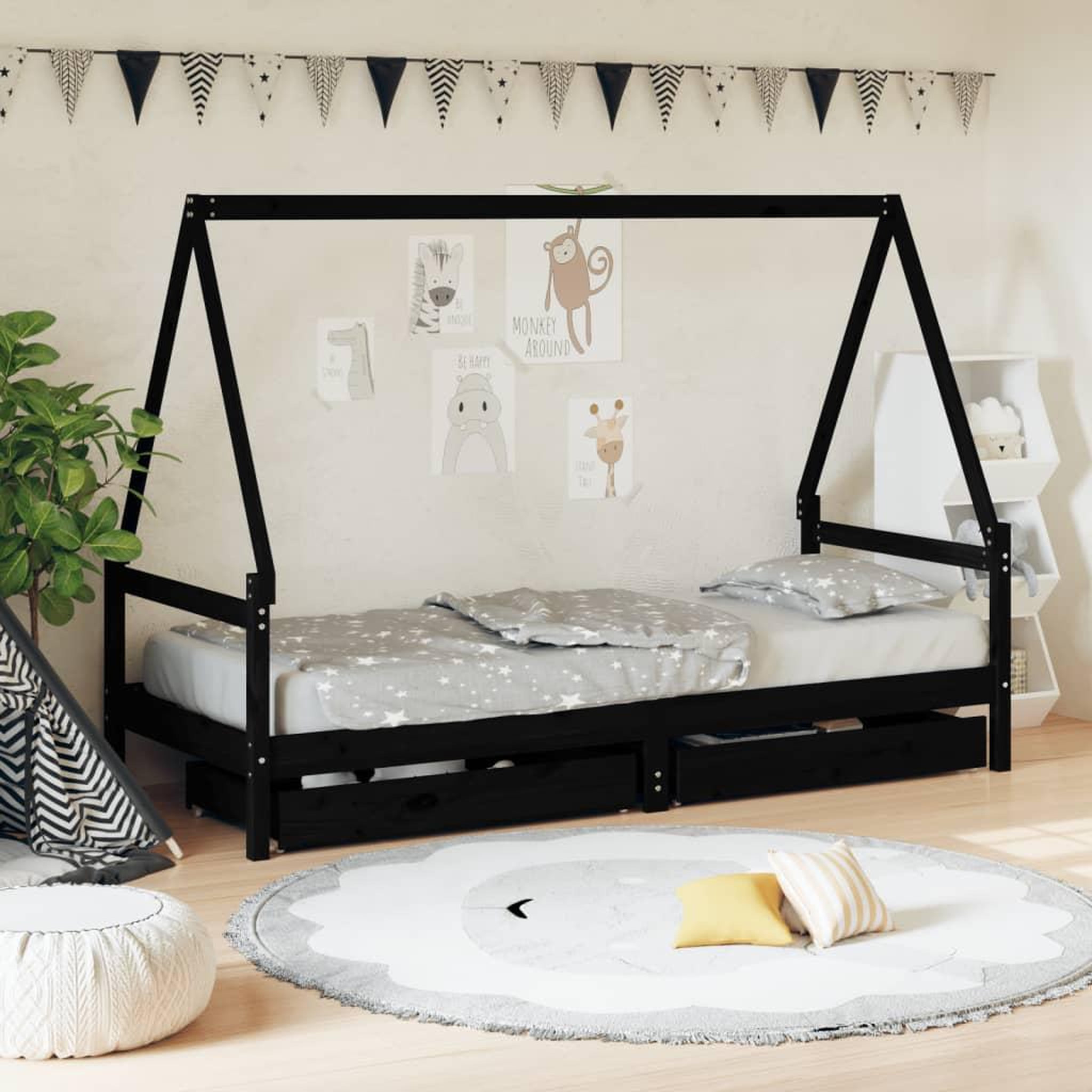 VIDAXL Cadre de lit enfant avec tiroirs noir 90x200 cm bois pin massif