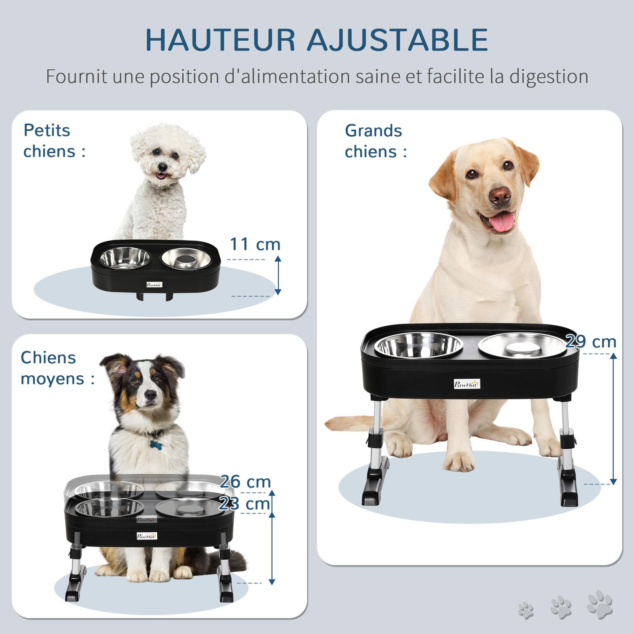 Voir la diapositive 5 : PAWHUT Porte double gamelles surélevé 2 bols acier inox. hauteur réglable - dim. 43L x 25l x 30H cm - PP noir