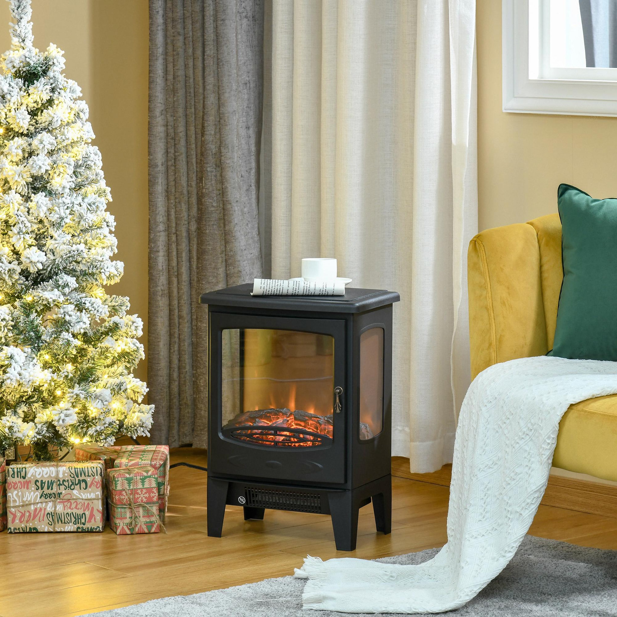 Voir la diapositive 2 : HOMCOM Cheminée électrique poêle style néo-rétro 1000-2000 W simulation flammes LED luminosité réglable acier ABS noir