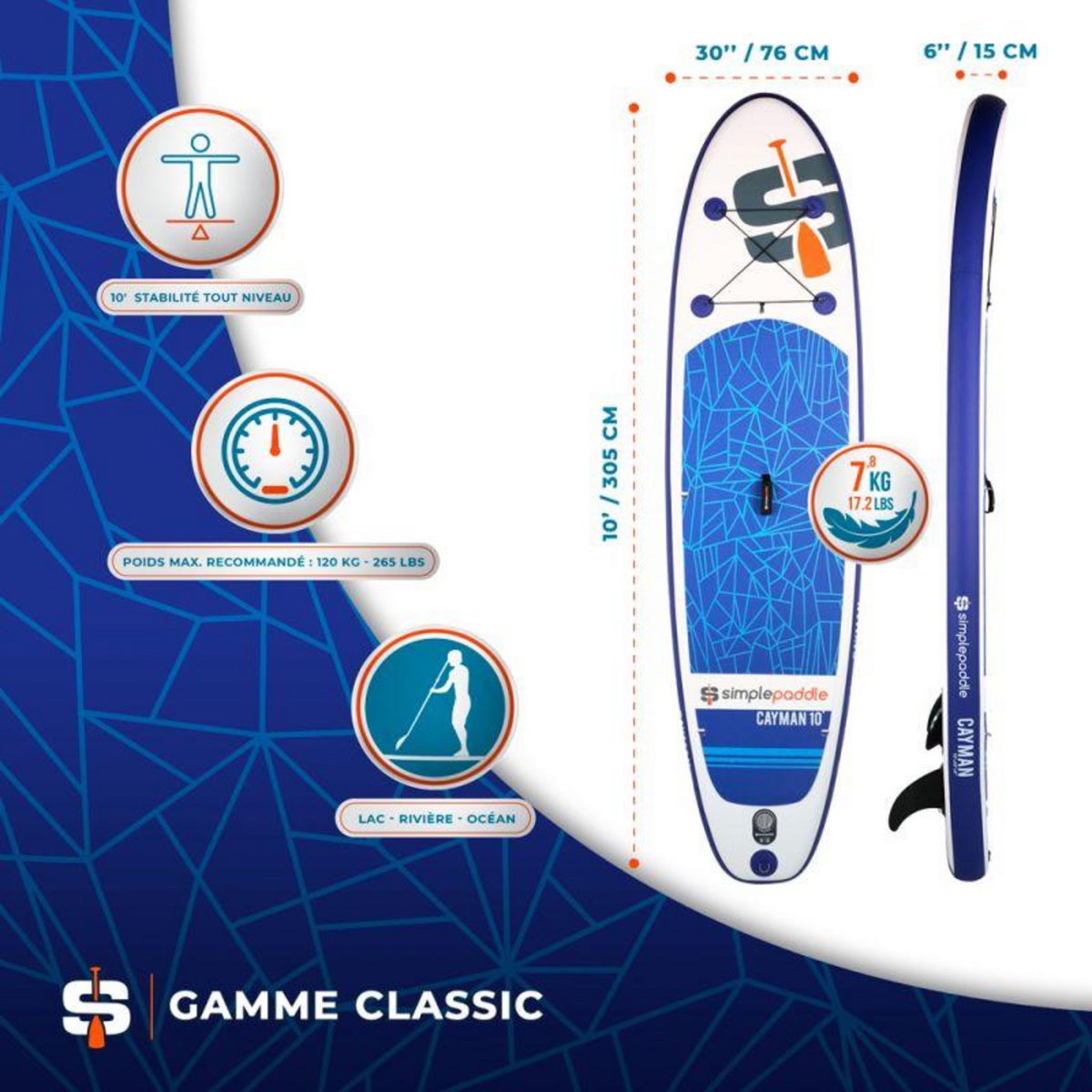 SIMPLE PADDLE Paddle Gonflable CAYMAN 10' 30'' 6  (300 x 76 x 15 cm) avec Pagaie, Leash, Pompe et Sac de Transport