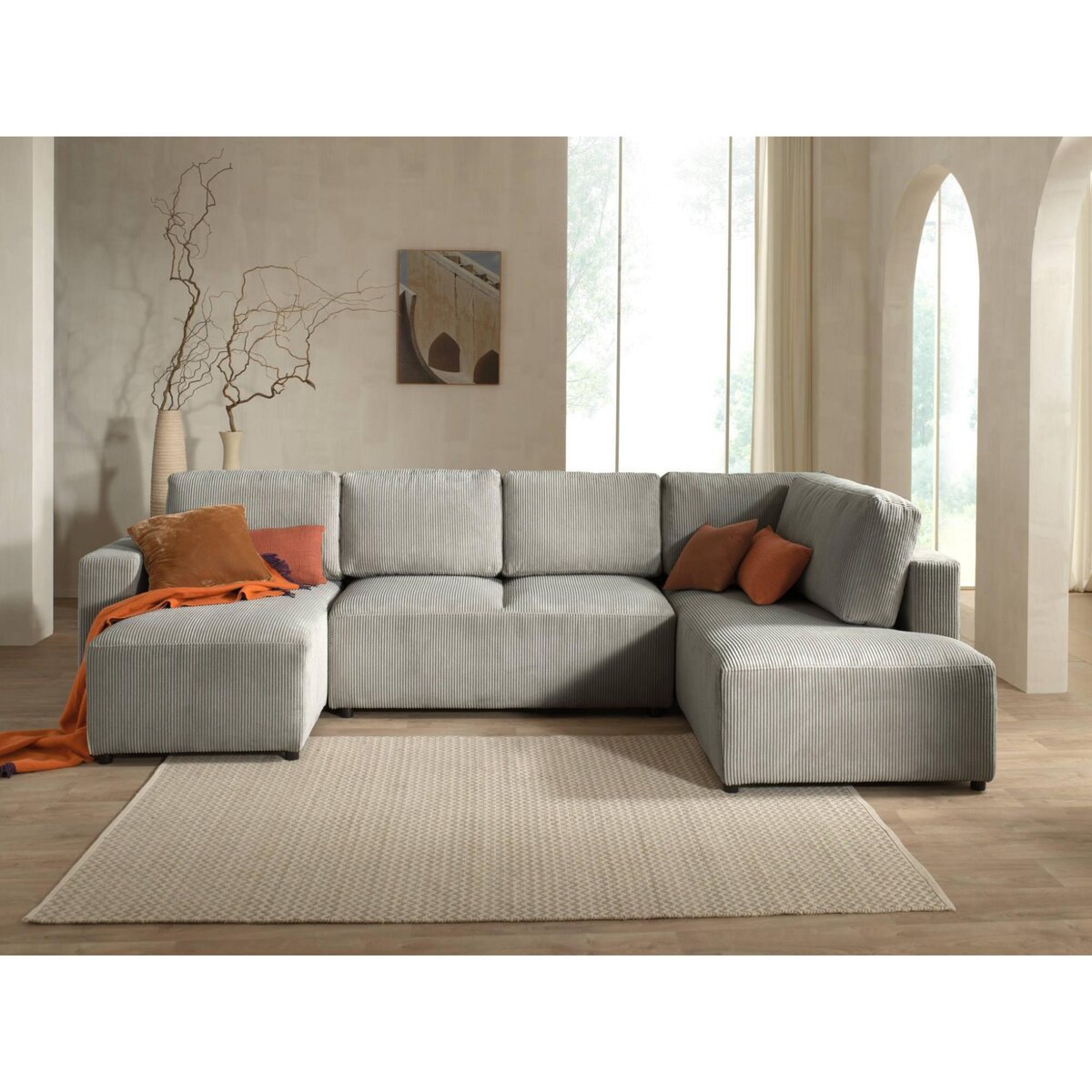 LISA DESIGN Livy - canapé panoramique convertible - avec coffre - en velours côtelé - 7 places - droit