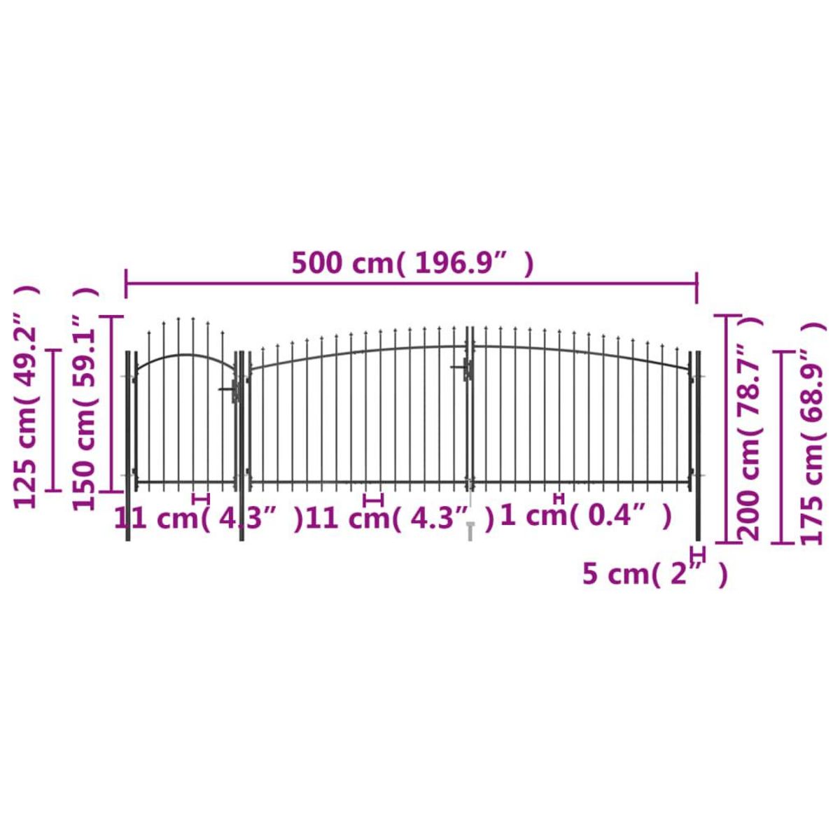 VIDAXL Portail de cloture de jardin avec dessus en lance 5x2 m Noir
