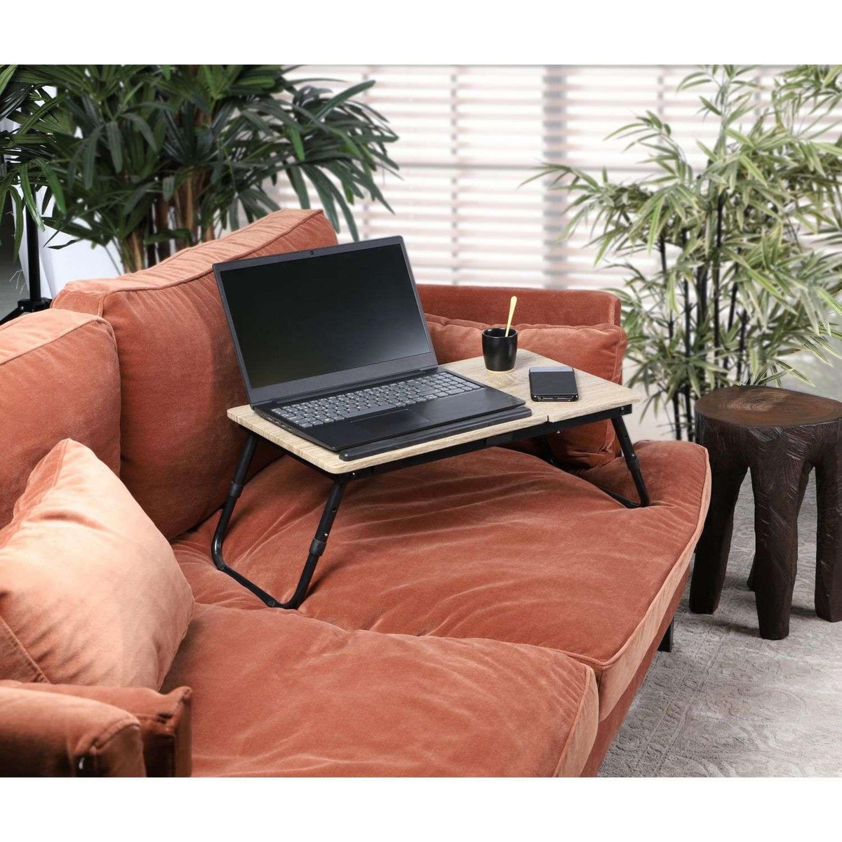 DIVERS Plateau multifonction pliable avec hauteur réglable en bois et métal - Beige et noir