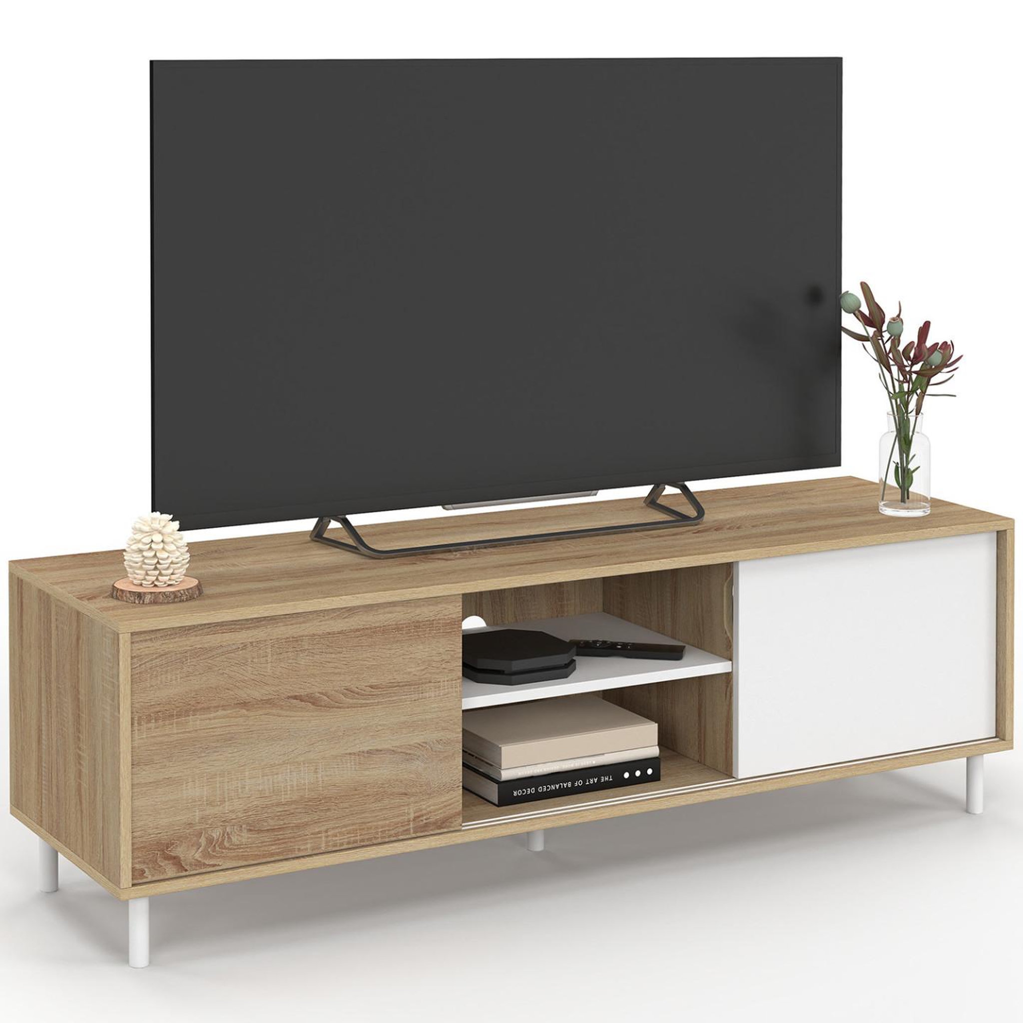 ID MARKET Meuble tv 140 cm easy montage sans outils 2 portes coulissantes réversibles effet bois et blanc