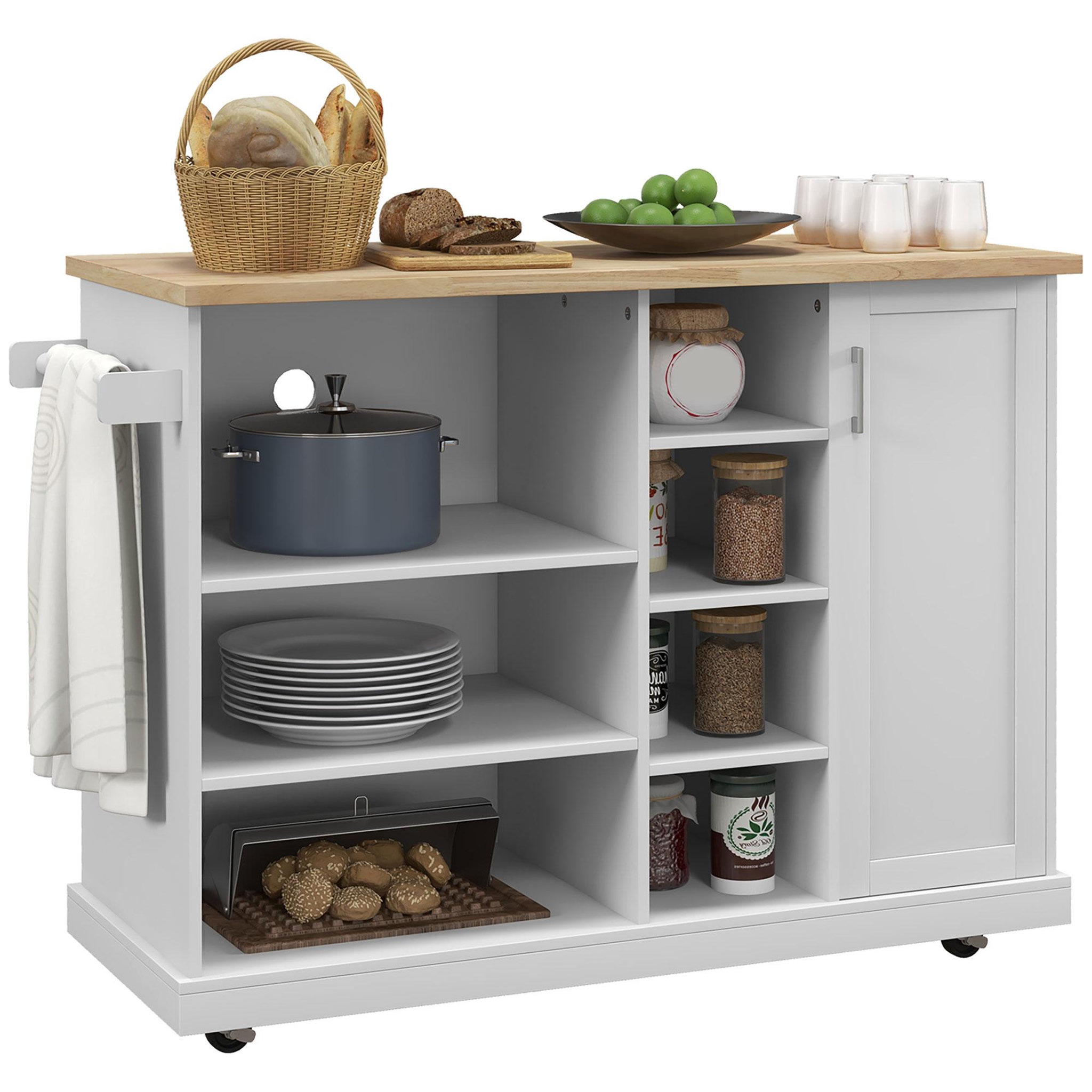 Voir la diapositive 1 : HOMCOM Desserte de cuisine îlot multi-rangement mdf blanc plateau bois hévéa verni