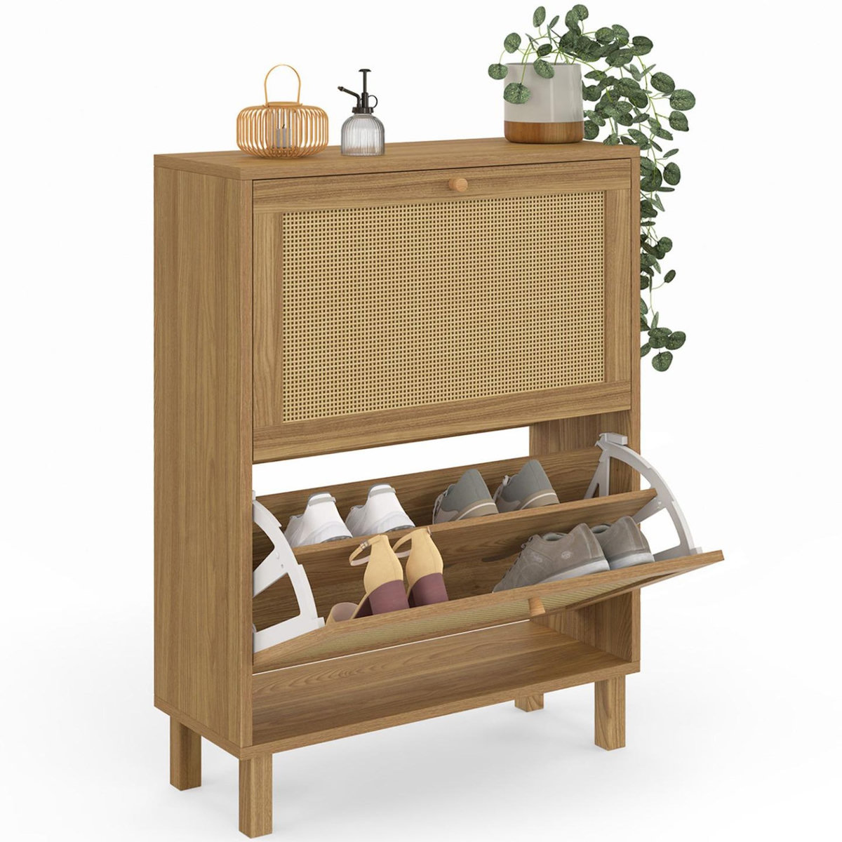 ID MARKET Meuble à chaussures 12 paires HANAE 2 portes effet naturel cannage