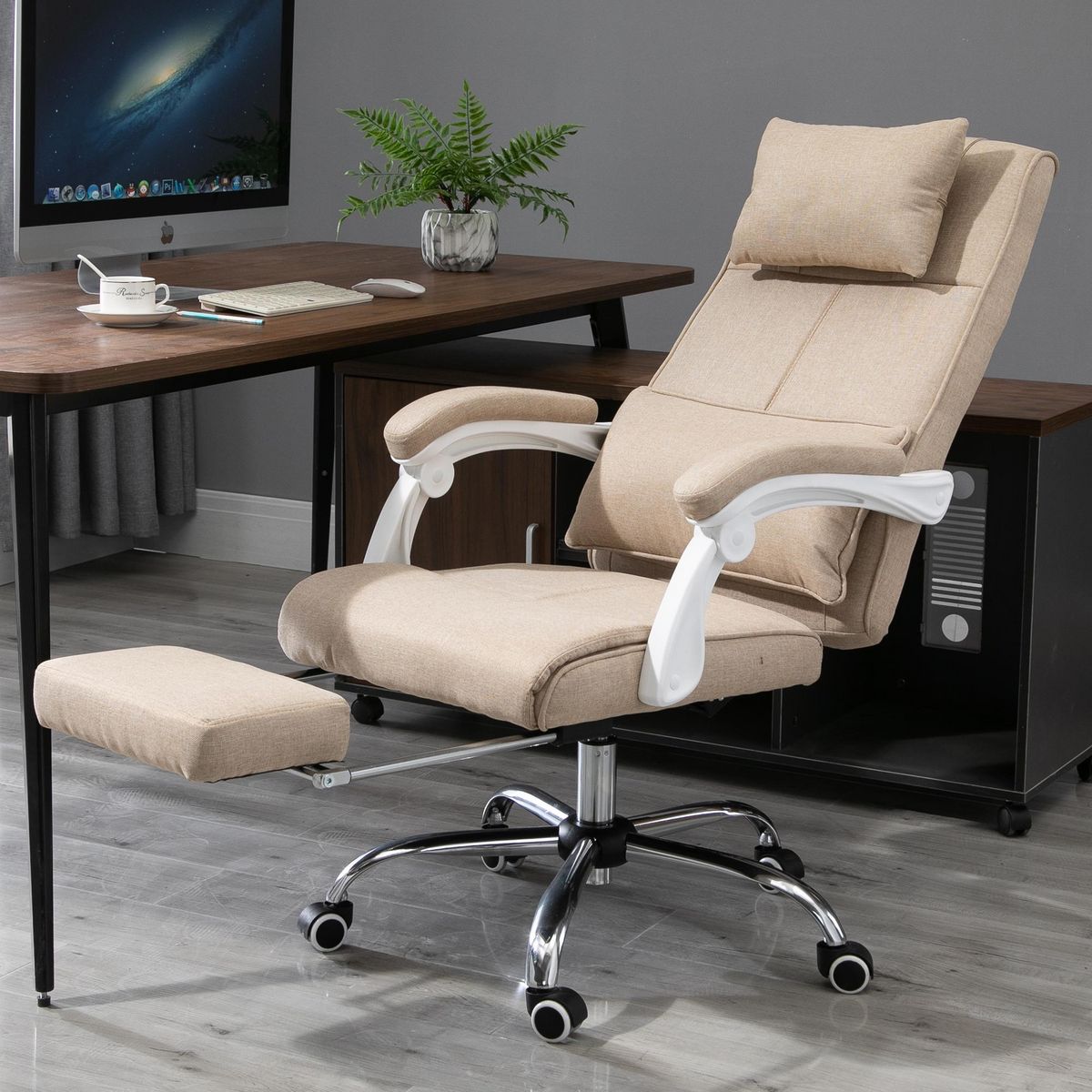 HOMCOM Fauteuil de bureau manager grand confort repose-pied tétière intégrés dossier inclinable lin beige