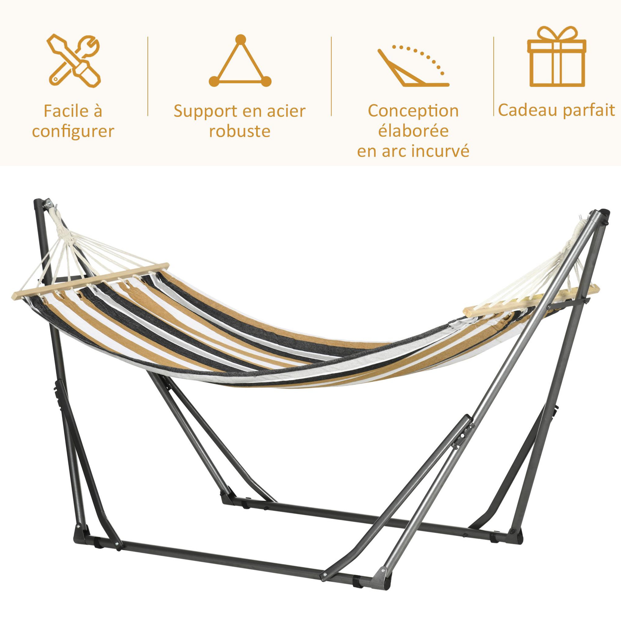 Voir la diapositive 5 : OUTSUNNY Hamac de jardin pliable avec support acier époxy et toile coton lin marron noir gris blanc
