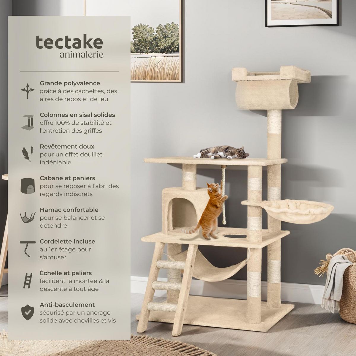 tectake Arbre à chat 141 cm avec griffoir et plateforme d'escalade beige