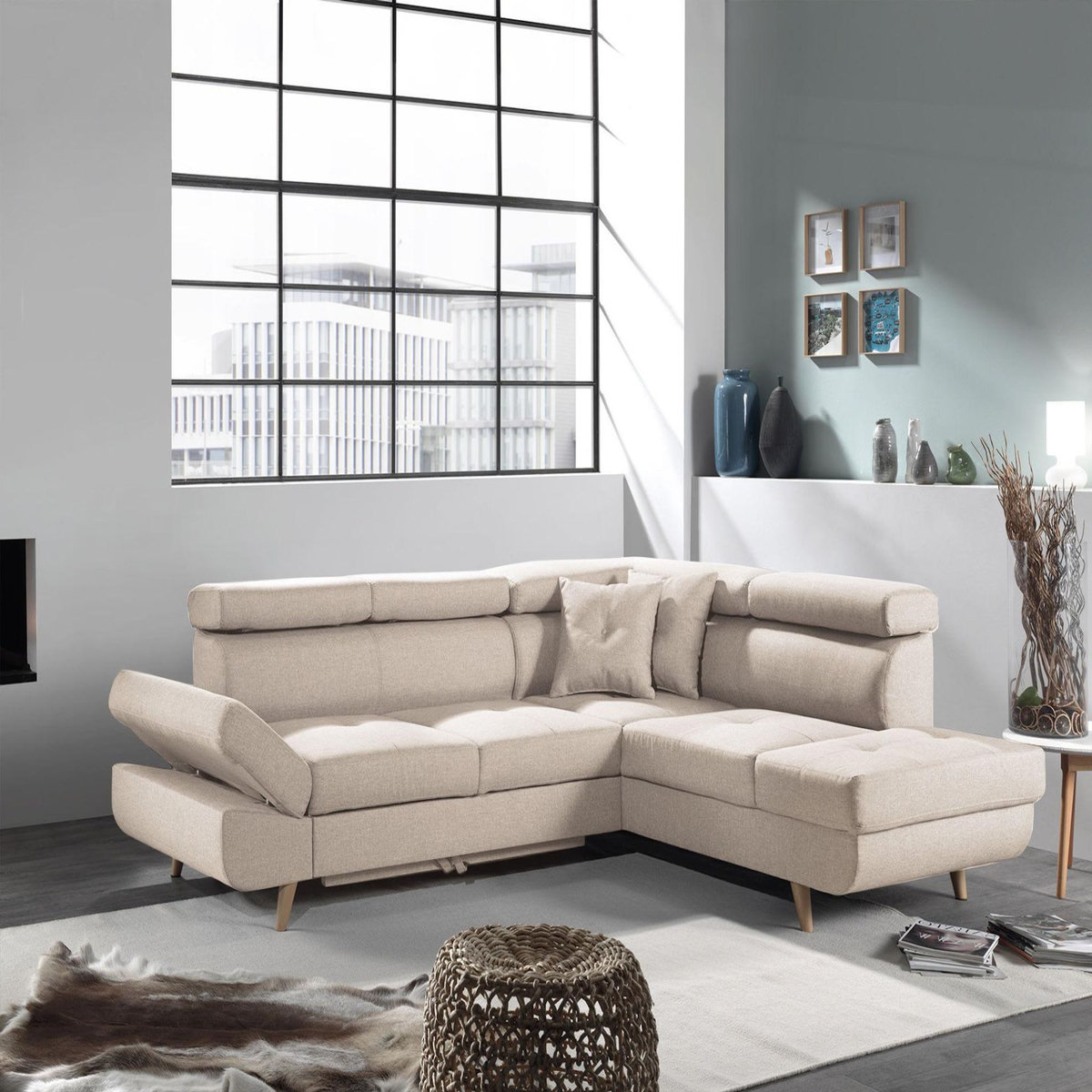 BEST MOBILIER Linea - canapé d'angle droit convertible - 5 places - avec têtières