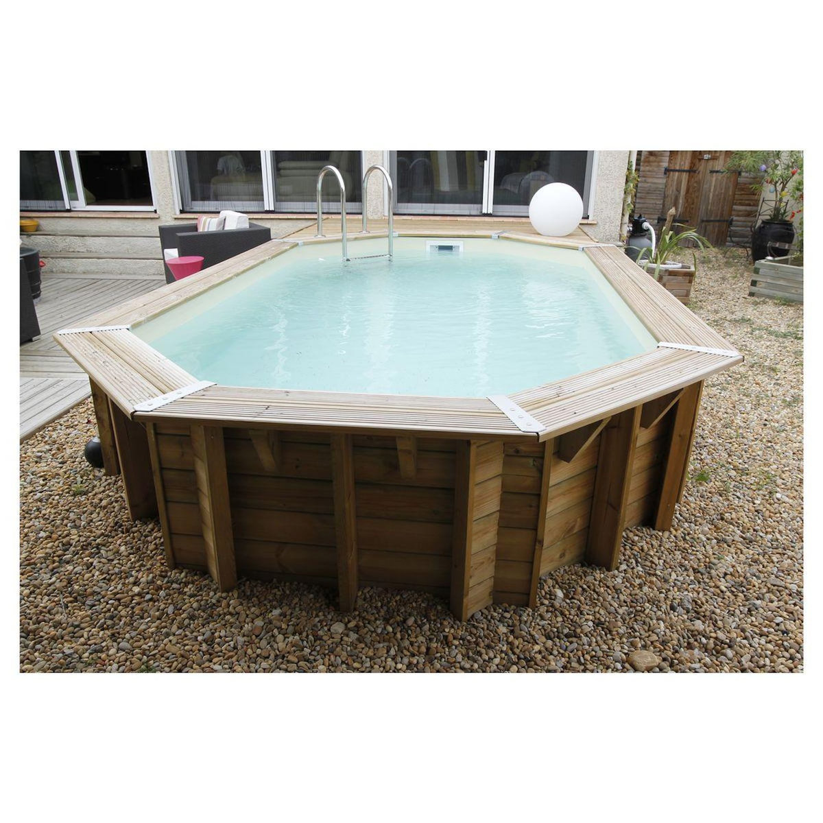 UBBINK Piscine hors sol bois octogonale - 355x550x120cm - Liner Beige - OCEA