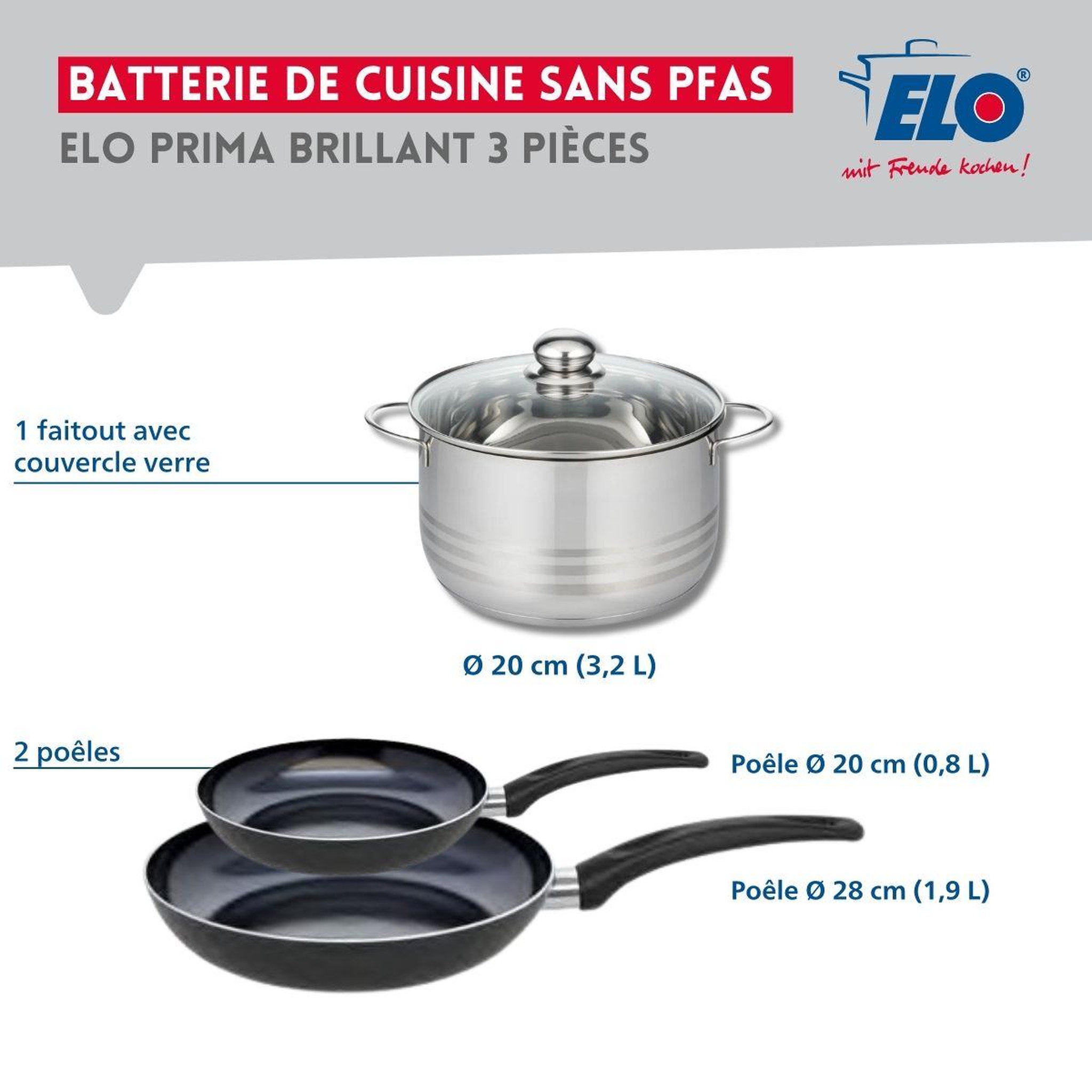Voir la diapositive 2 : ELO Ensemble de 2 poêles de cuisson 20 et 28 cm et 1 faitout 20 cm elo prima brillant