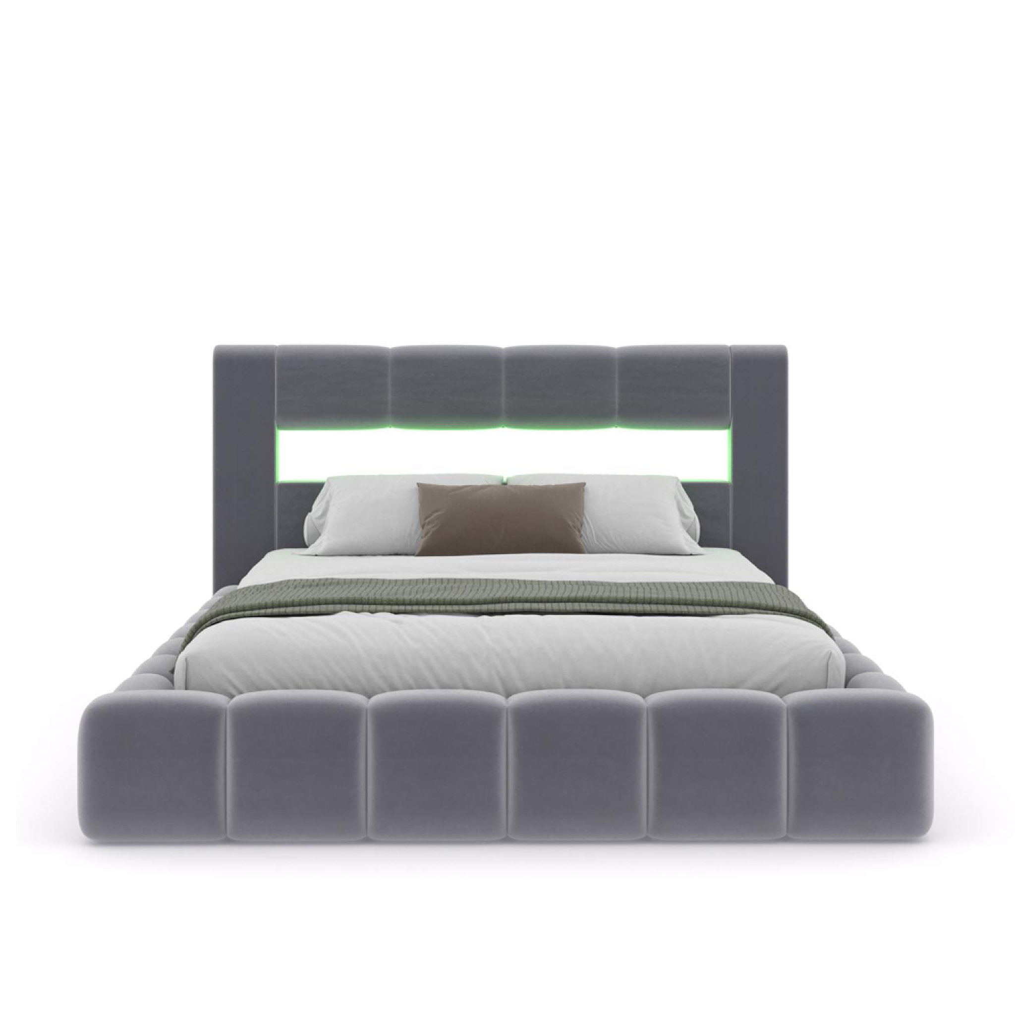 Voir la diapositive 6 : CONCEPT USINE Lit coffre led style nuage 180x200cm en velours gris avec tête de lit et sommier omaha