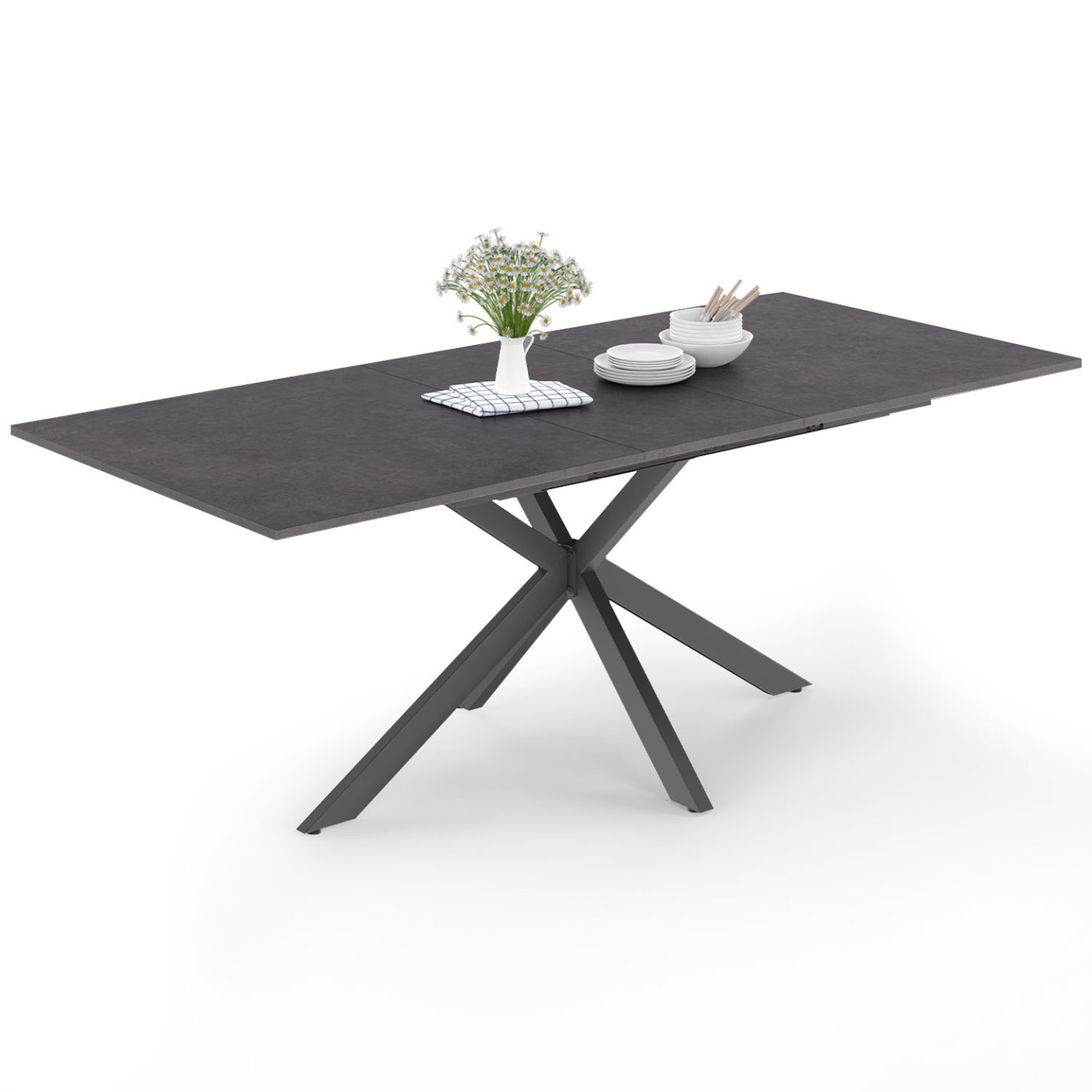 ID MARKET Table à manger extensible rectangle jaspe 6-10 personnes plateau effet béton pied araignée gris anthracite 160-200cm