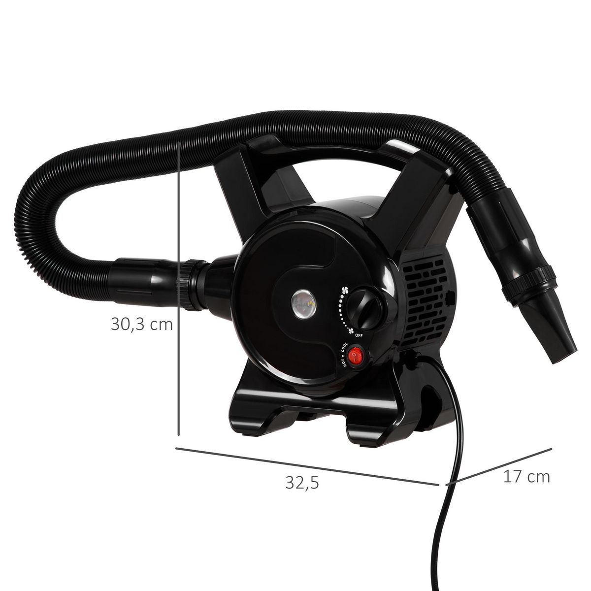 PAWHUT Séchoir sèche-poils toilettage pour chien chat animaux 2400 W - température vitesse réglable - 3 embouts - noir