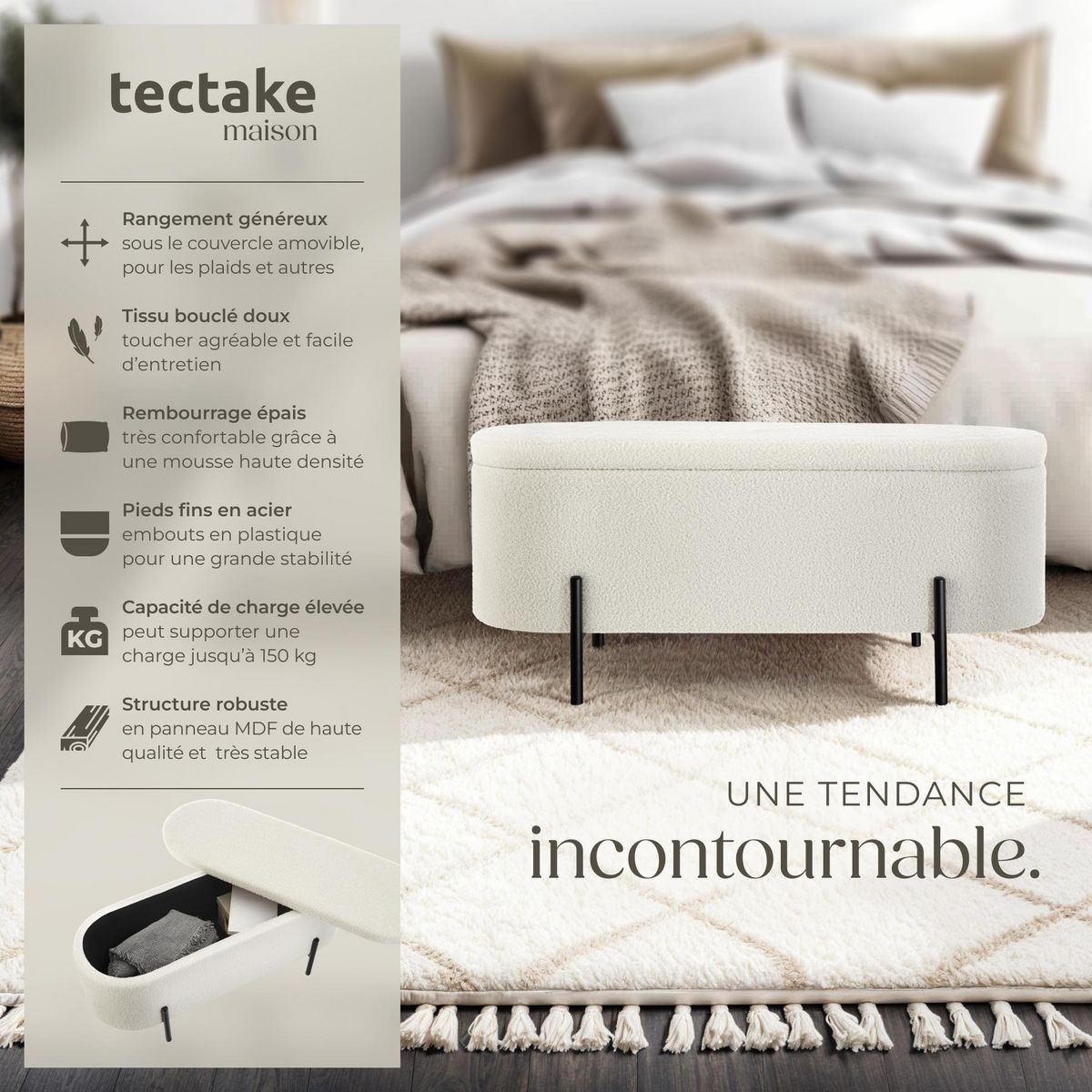 tectake Banc en tissu bouclé Bouclé crème/ blanc