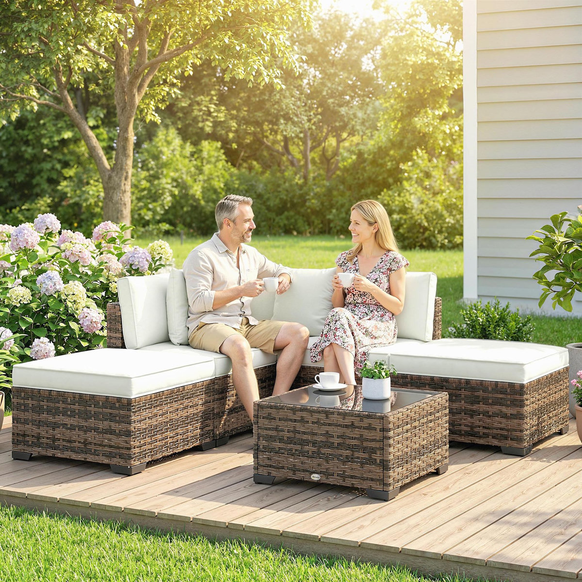 OUTSUNNY Salon de jardin d'angle 5 places avec table basse et coussins résine marron crème