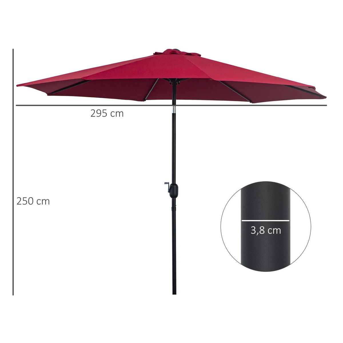 OUTSUNNY Parasol en métal rond polyester 180g/m² manivelle inclinable Ø 3 x 2,45 m bordeaux