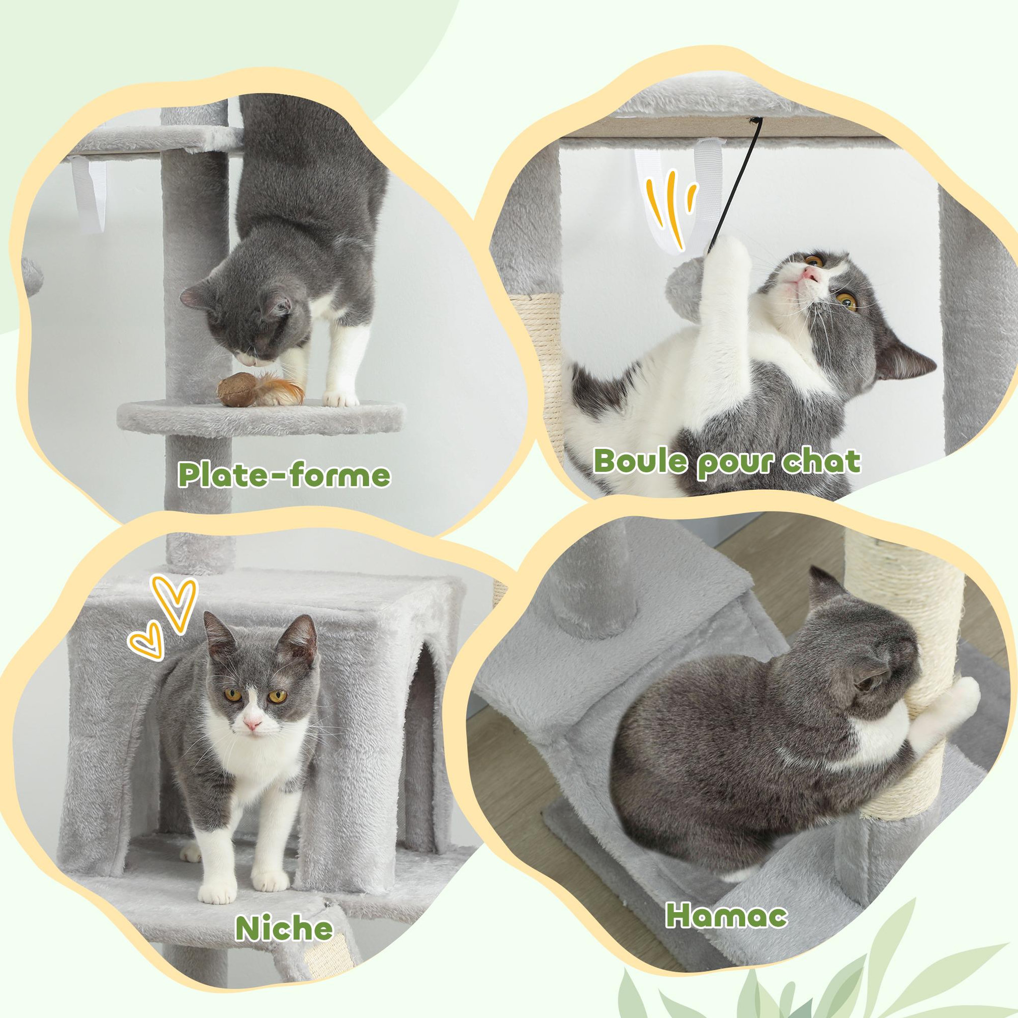 Voir la diapositive 6 : PAWHUT Arbre à chat du sol au plafond xxl, hauteur réglable 225-255 cm, griffoir pour chat en sisal à 6 niveaux avec niche, hamac, plates-formes, échelle et 2 pompons suspendues, gris clair