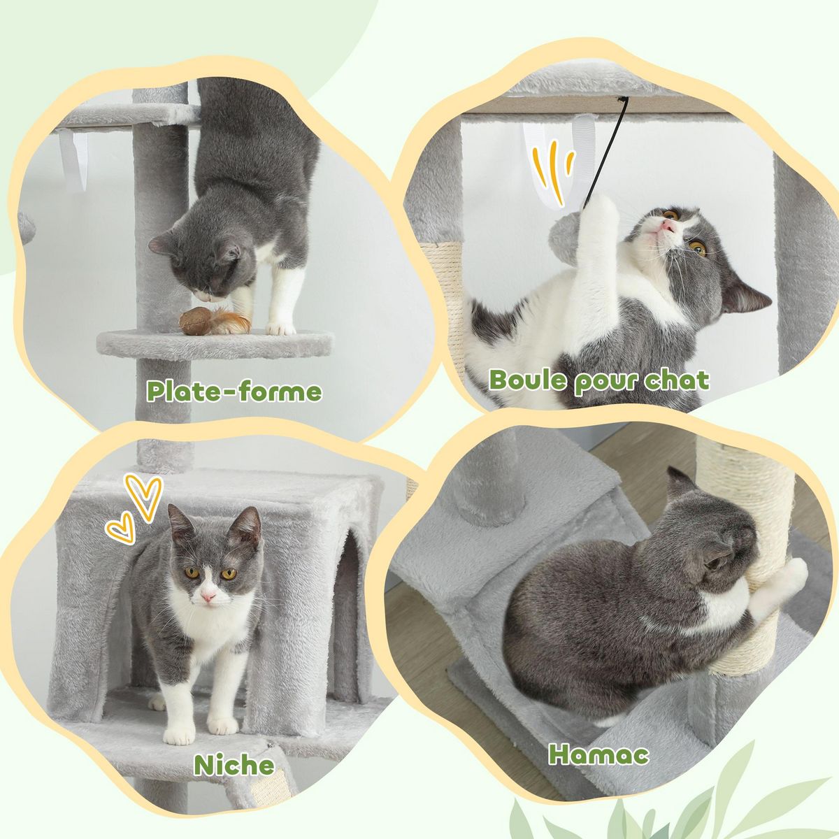 PAWHUT Arbre à chat du sol au plafond XXL, hauteur réglable 225-255 cm, griffoir pour chat en sisal à 6 niveaux avec niche, hamac, plates-formes, échelle et 2 pompons suspendues, gris clair