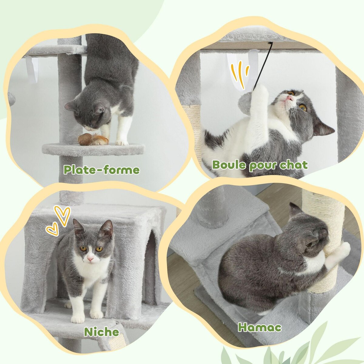 PAWHUT Arbre à chat du sol au plafond XXL, hauteur réglable 225-255 cm, griffoir pour chat en sisal à 6 niveaux avec niche, hamac, plates-formes, échelle et 2 pompons suspendues, gris clair