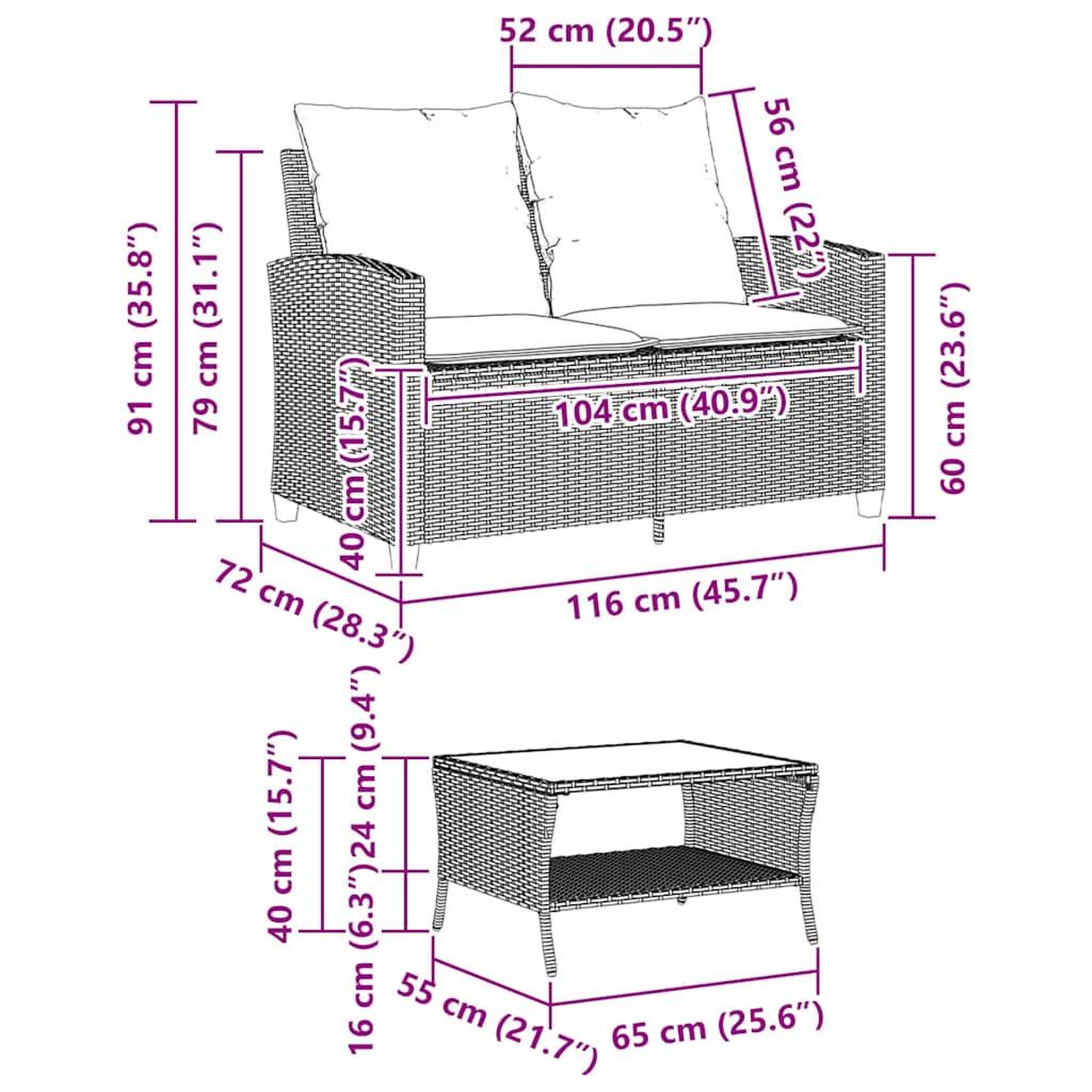 Voir la diapositive 6 : VIDAXL Canape de jardin 2 places coussins et table gris resine tressee