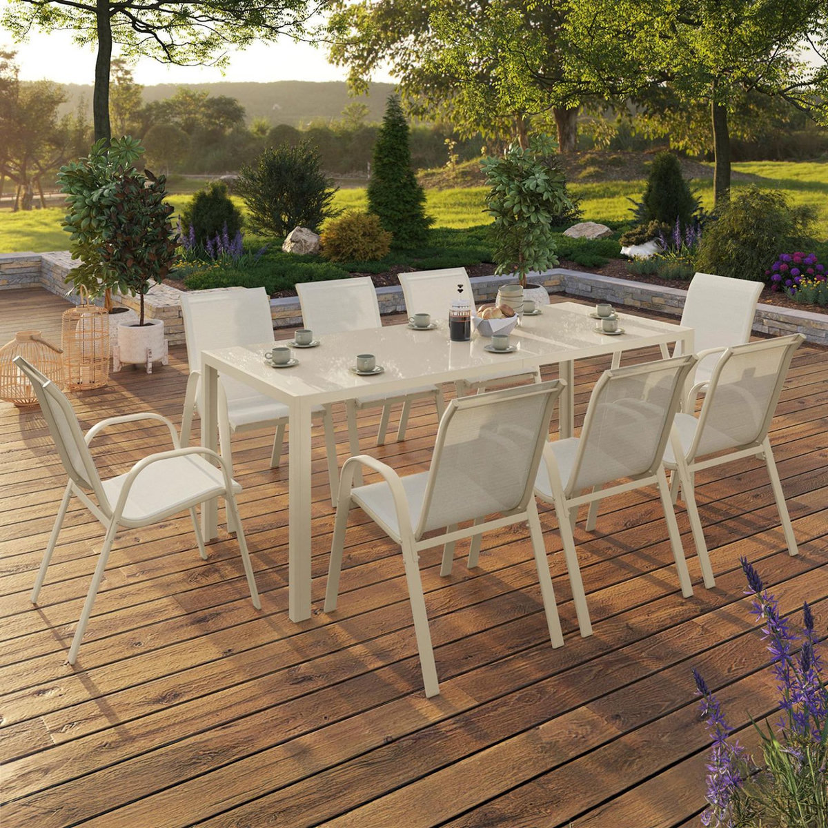 ID MARKET Salon de jardin MADRID table 190 cm et 8 chaises empilables beige
