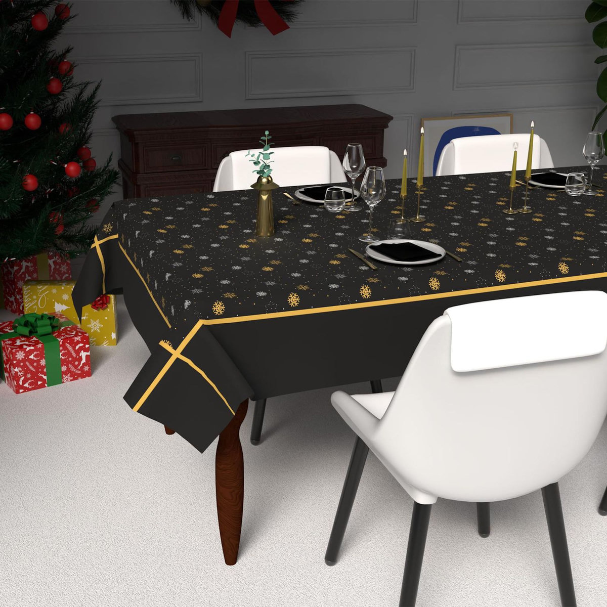 SOLEIL D'OCRE Nappe festive imprimée anti-tâches FLOCONS, par Soleil d'Ocre