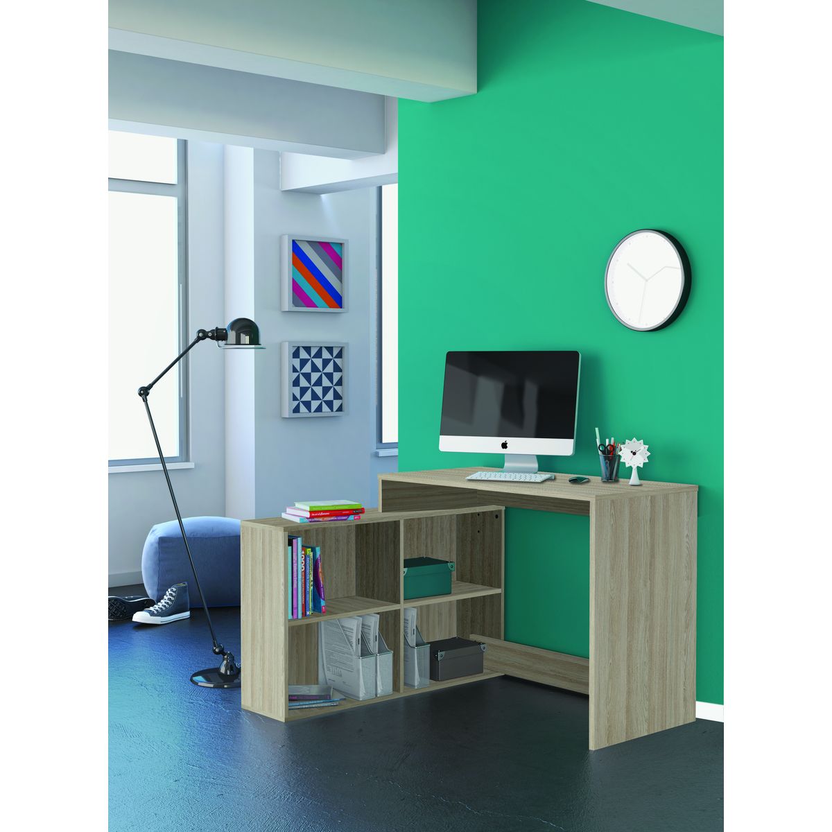 Bureau d'angle droit ou gauche avec rangements L112cm MAX